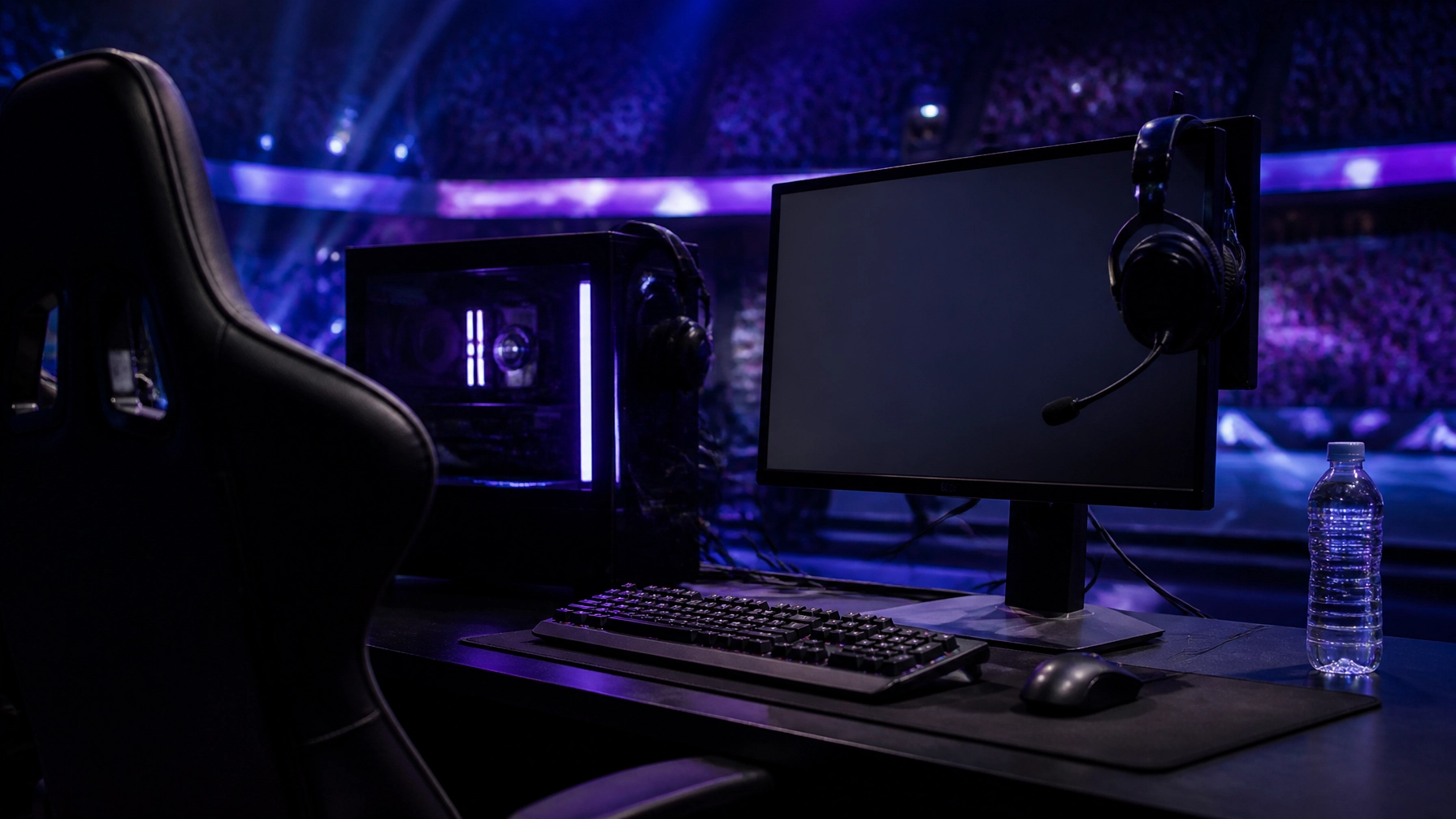 Szene aus einem professionellen E-Sports Turnier mit stimmungsvoller Arena-Beleuchtung