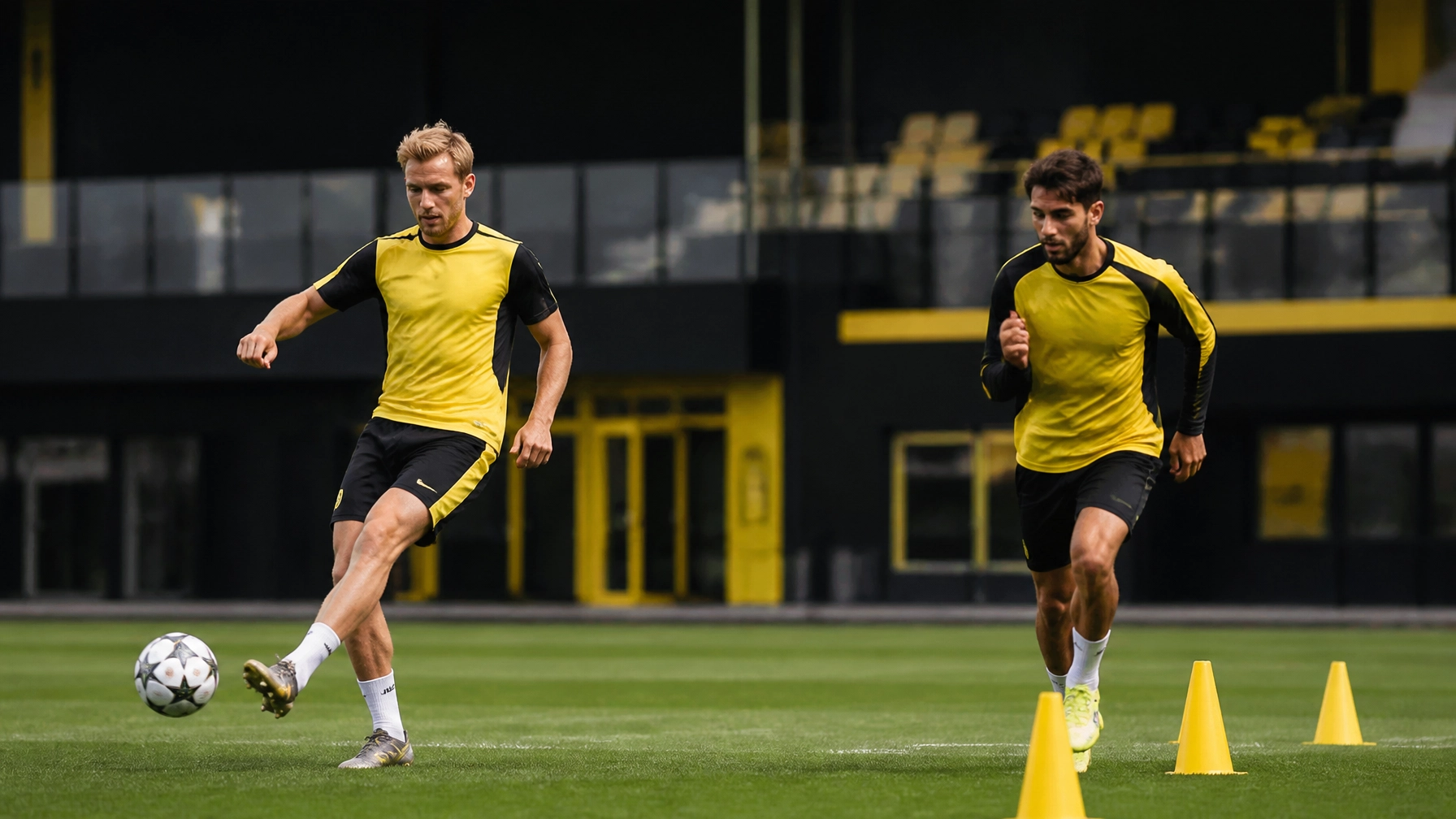 Borussia-Dortmund-inspirierte Trainingsszene ohne Logos