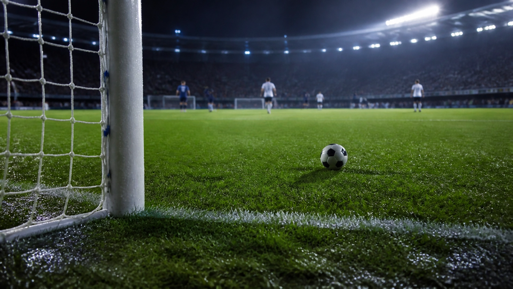 Fußballtor und nasser Rasen unter hellem Flutlicht vor dem Playoff-Rückspiel