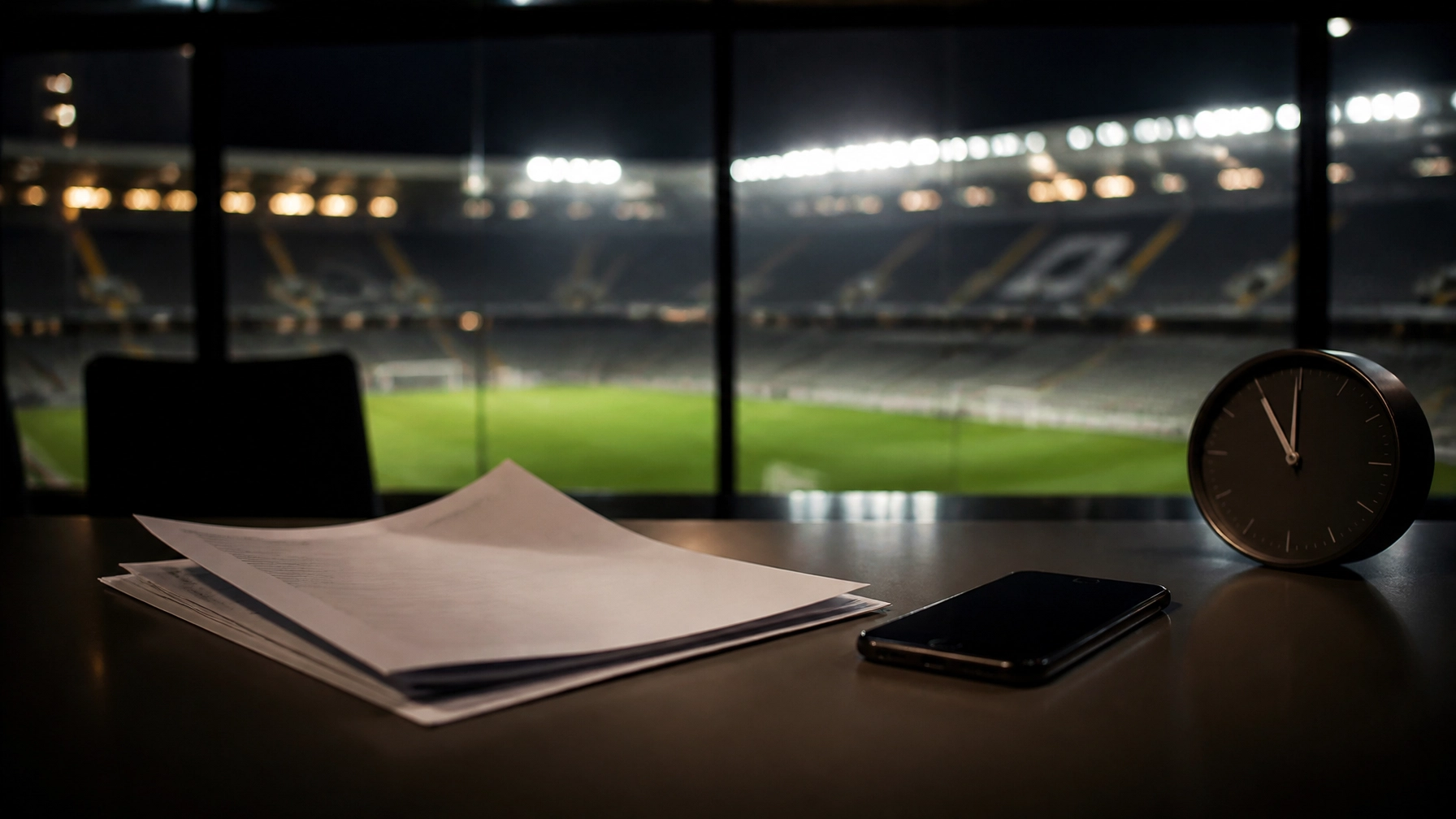 Fotorealistisches Deadline-Day-Motiv mit neutralen Transferunterlagen, Smartphone und Stadionlichtern bei Nacht