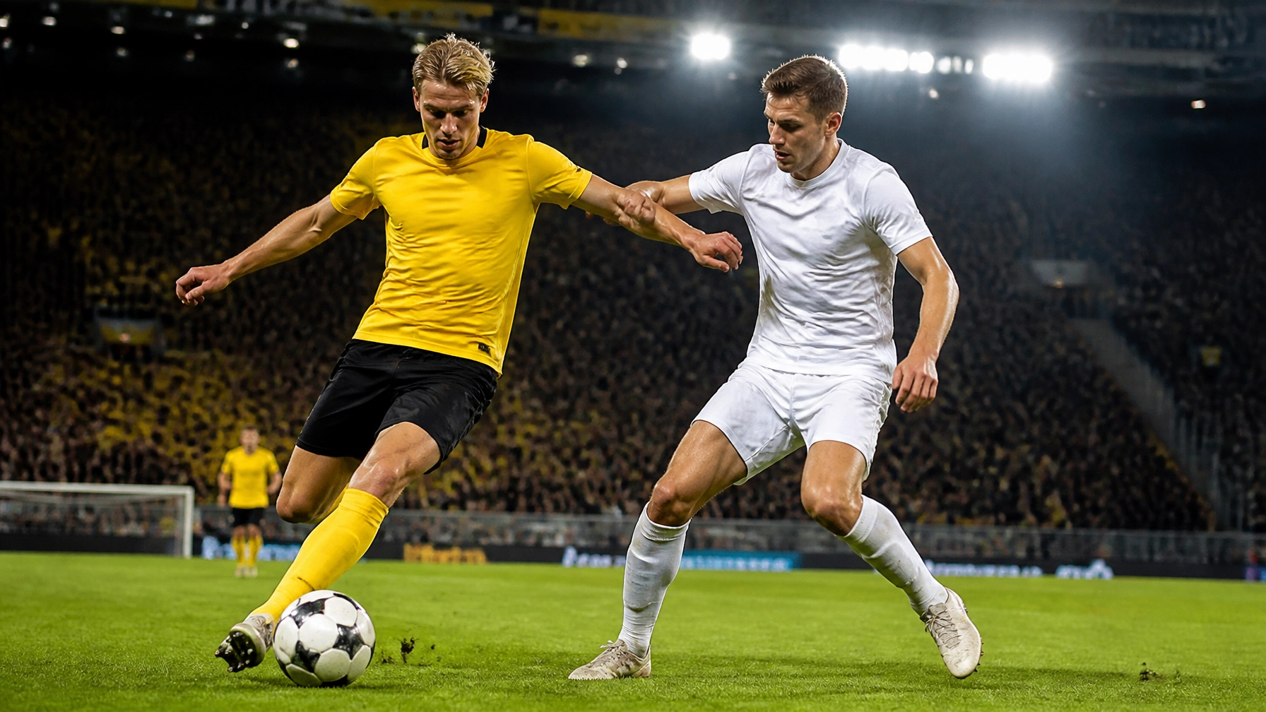 Intensive Bundesliga-Szene zwischen gelbem Heimtrikot und weißem Auswärtstrikot