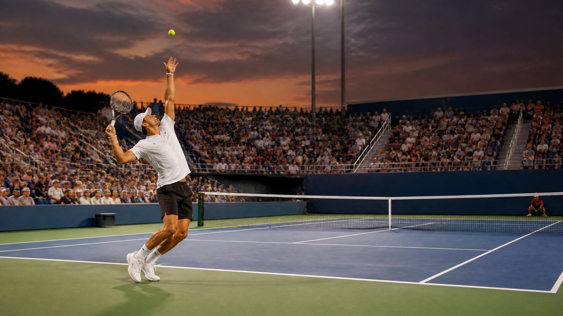 Fotorealistischer Tennisspieler beim Aufschlag auf einem US-amerikanischen Hartplatz bei Abendlicht