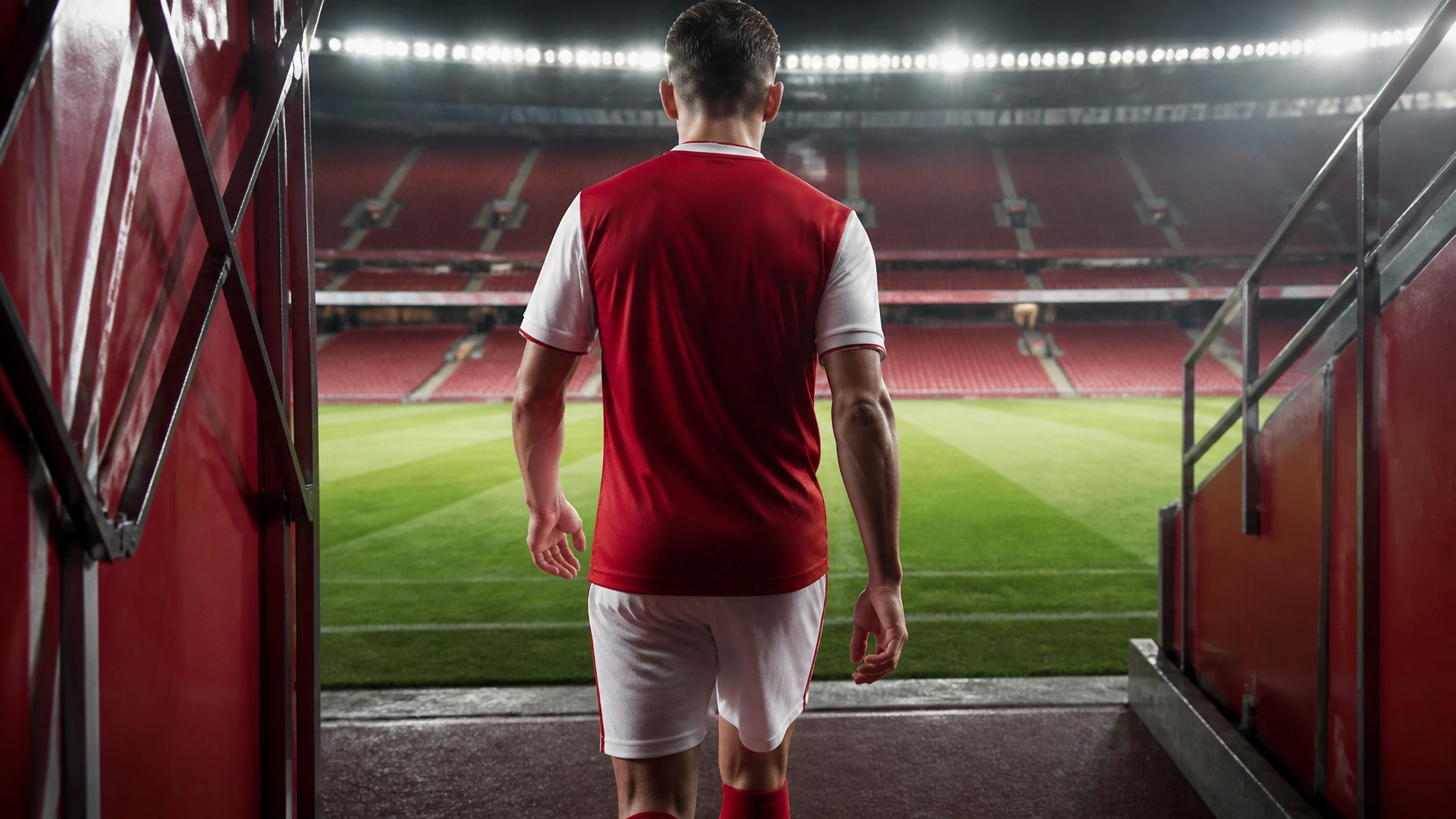 Anonymer Spitzenfußballer in schlichtem roten Trikot in einem englischen Stadion