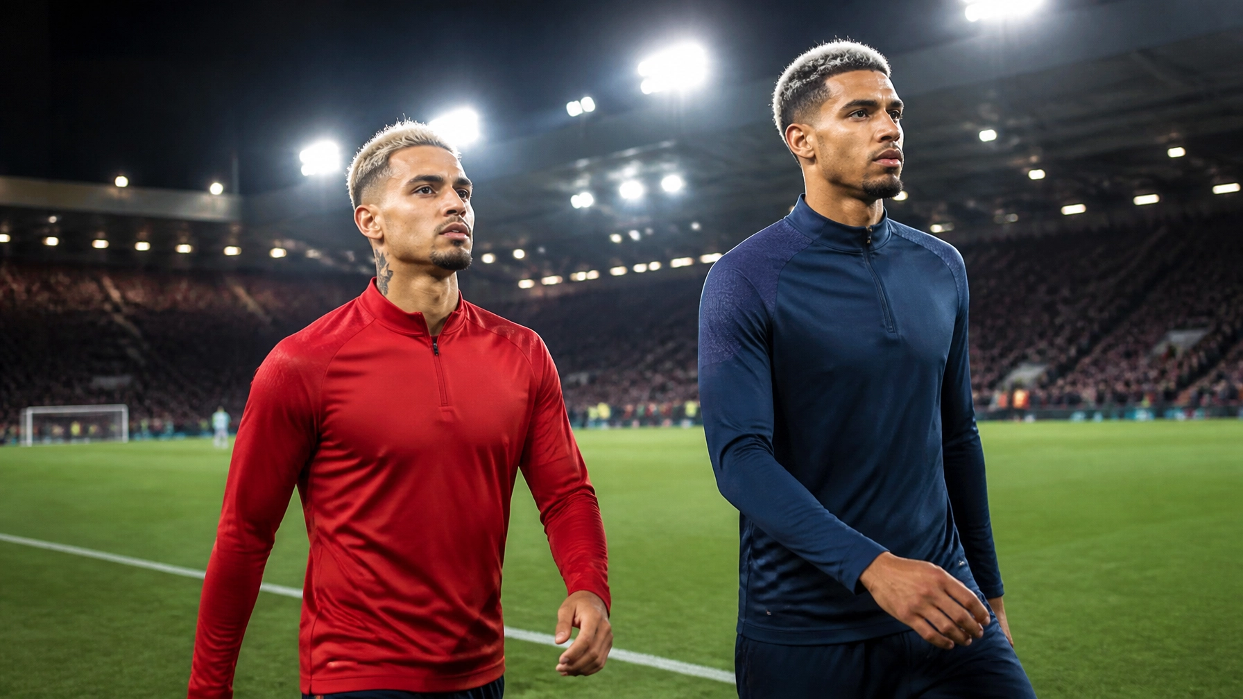 Premier-League-Stadion bei Flutlicht mit neutraler Darstellung von Mittelfeld- und Abwehrverstärkung