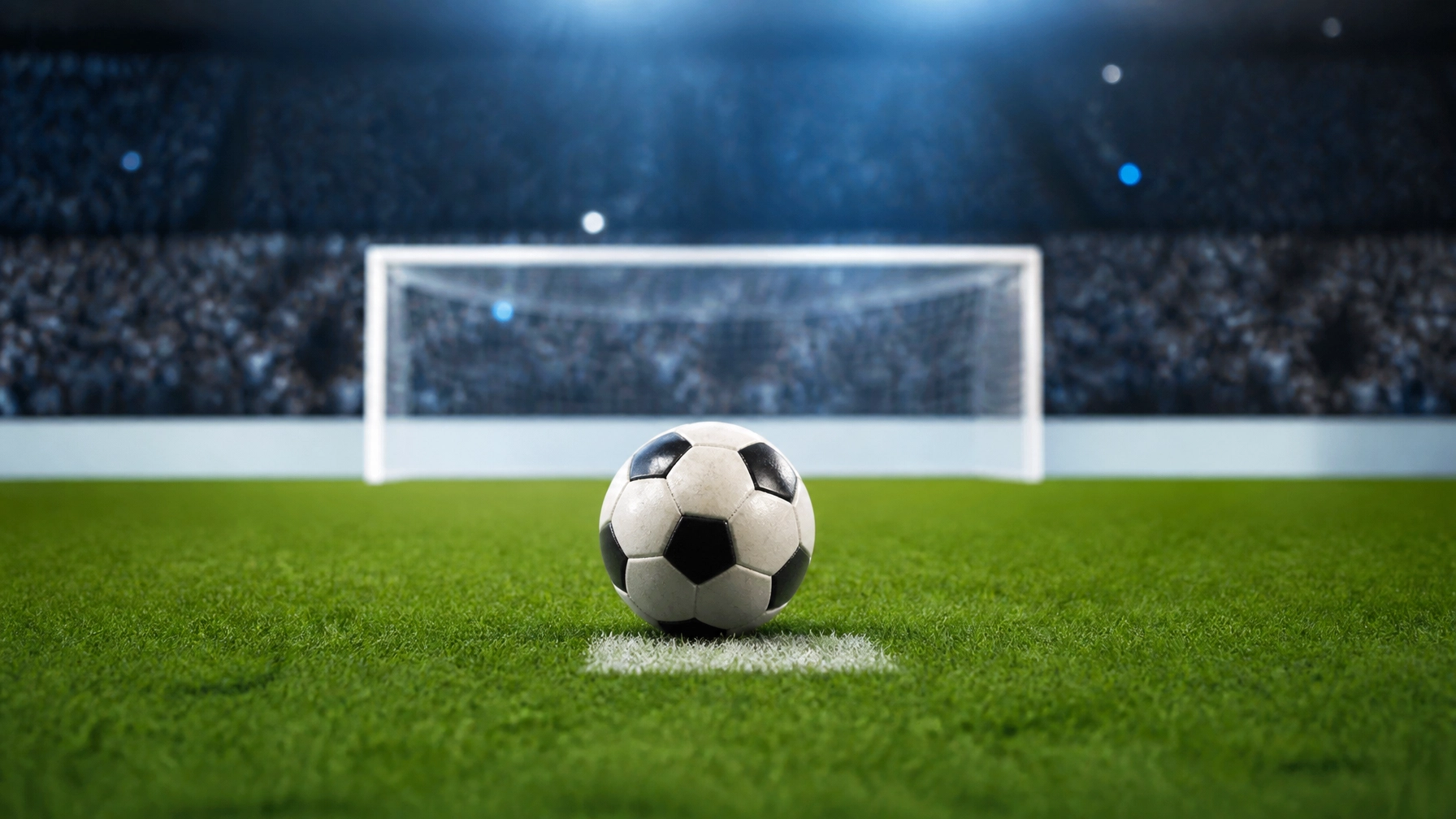 Fußball nahe dem Elfmeterpunkt unter Flutlicht vor unscharfer Stadionkulisse