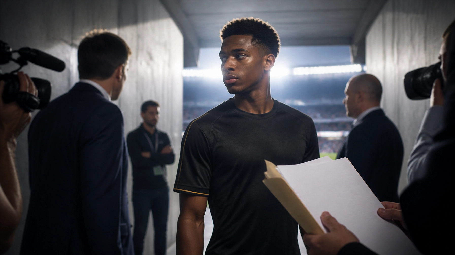 Neutrales Transfermotiv mit jungem Flügelspieler im Stadiontunnel