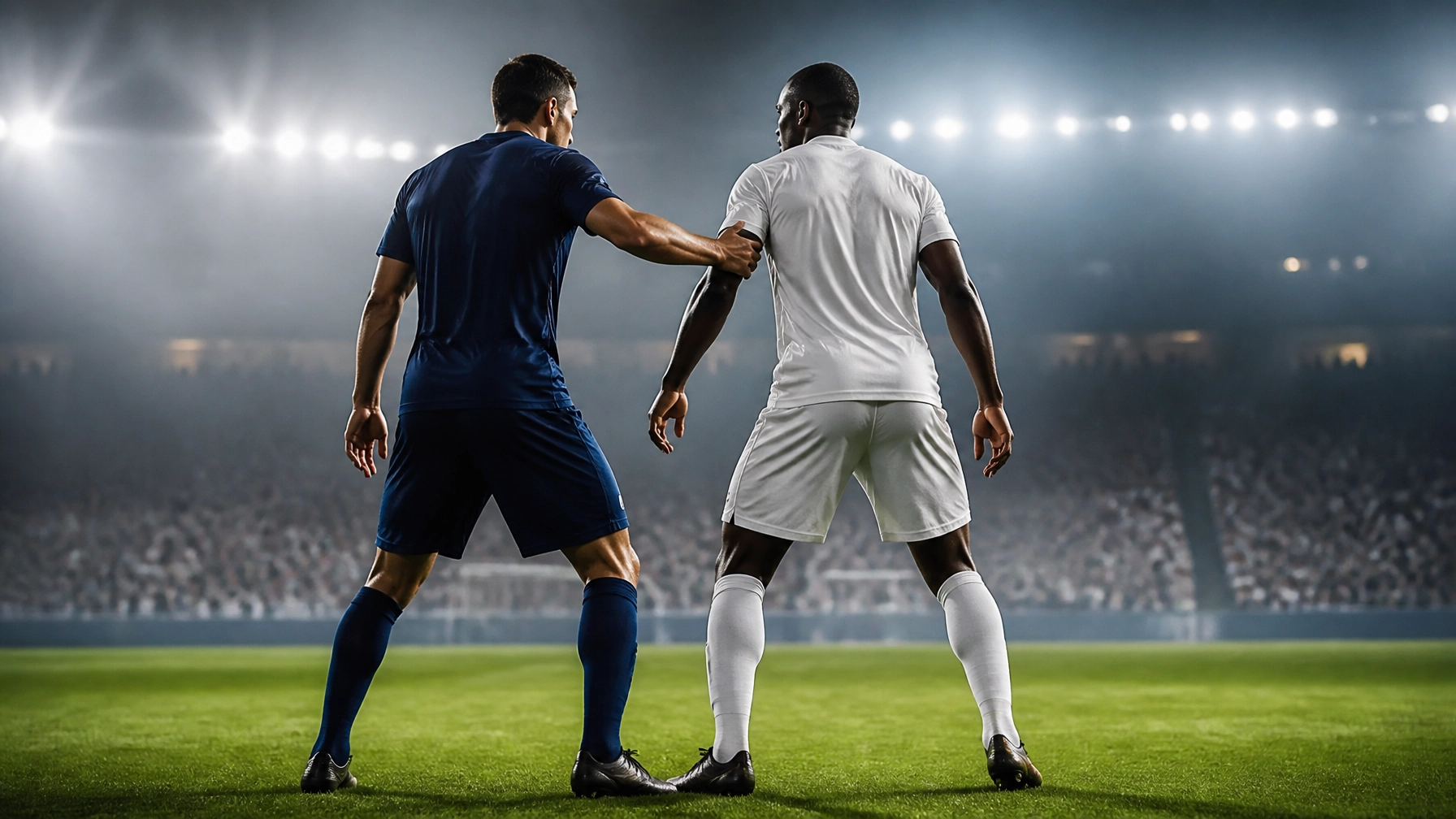 Zwei neutrale Fußballspieler im Gegenlicht auf dem Rasen eines europäischen Stadions vor dem Playoff-Rückspiel