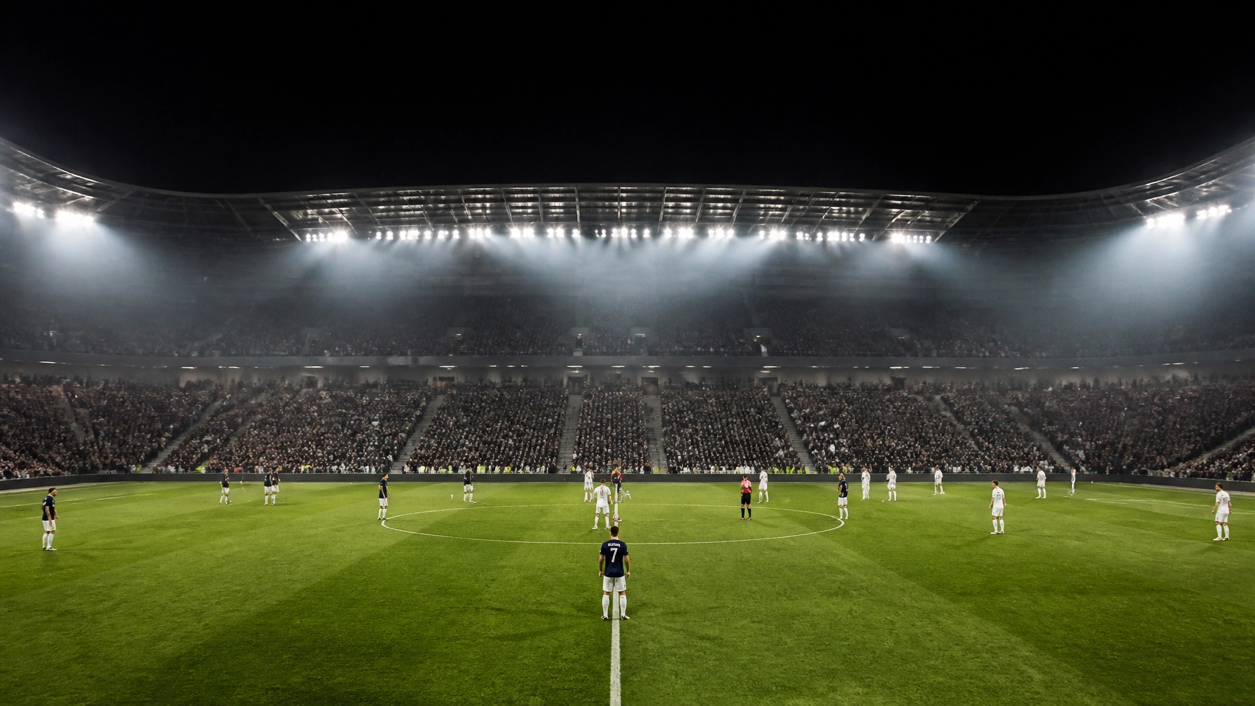 Fußballspiel unter Flutlicht in Stavanger mit neutralen Mannschaften beim Anstoß