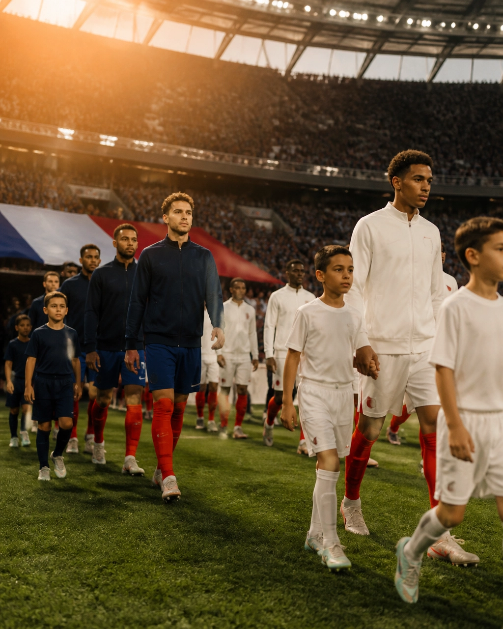 Fußballteams beim Einlaufen in ein Stadion