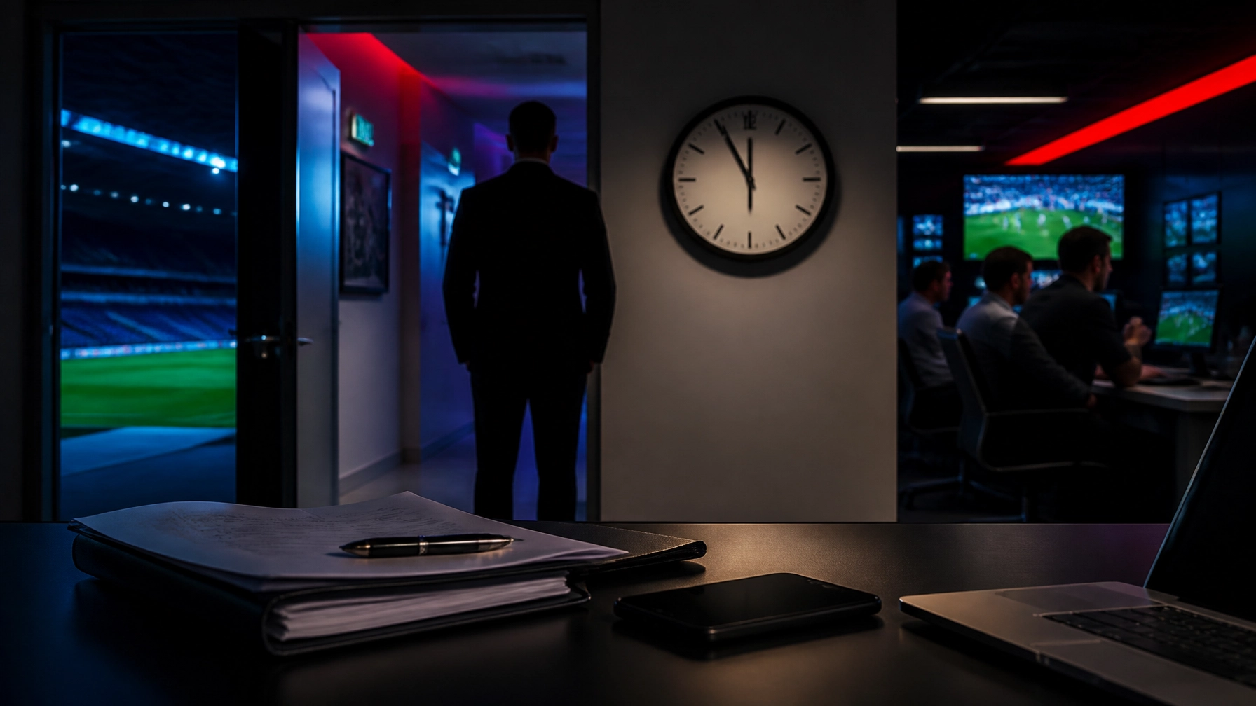 Transfer-Deadline-Day mit Vertragsunterlagen und nächtlicher Stadionbeleuchtung