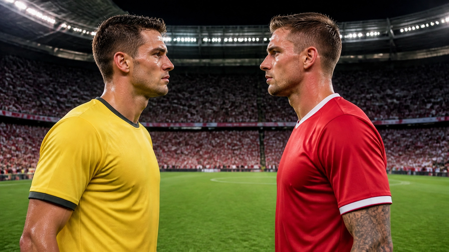Zwei Fußballspieler vor einem ausverkauften deutschen Stadion unter Flutlicht