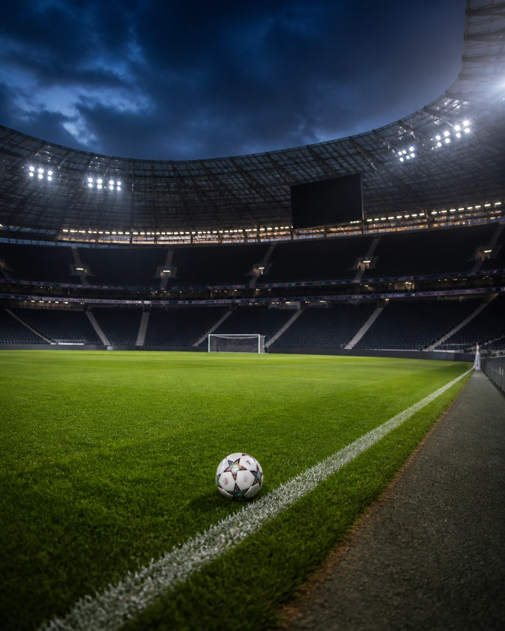 Photorealistische Fußballstadion-Atmosphäre vor einem großen Saisonauftakt bei Flutlicht, neutral und ohne Vereinslogos