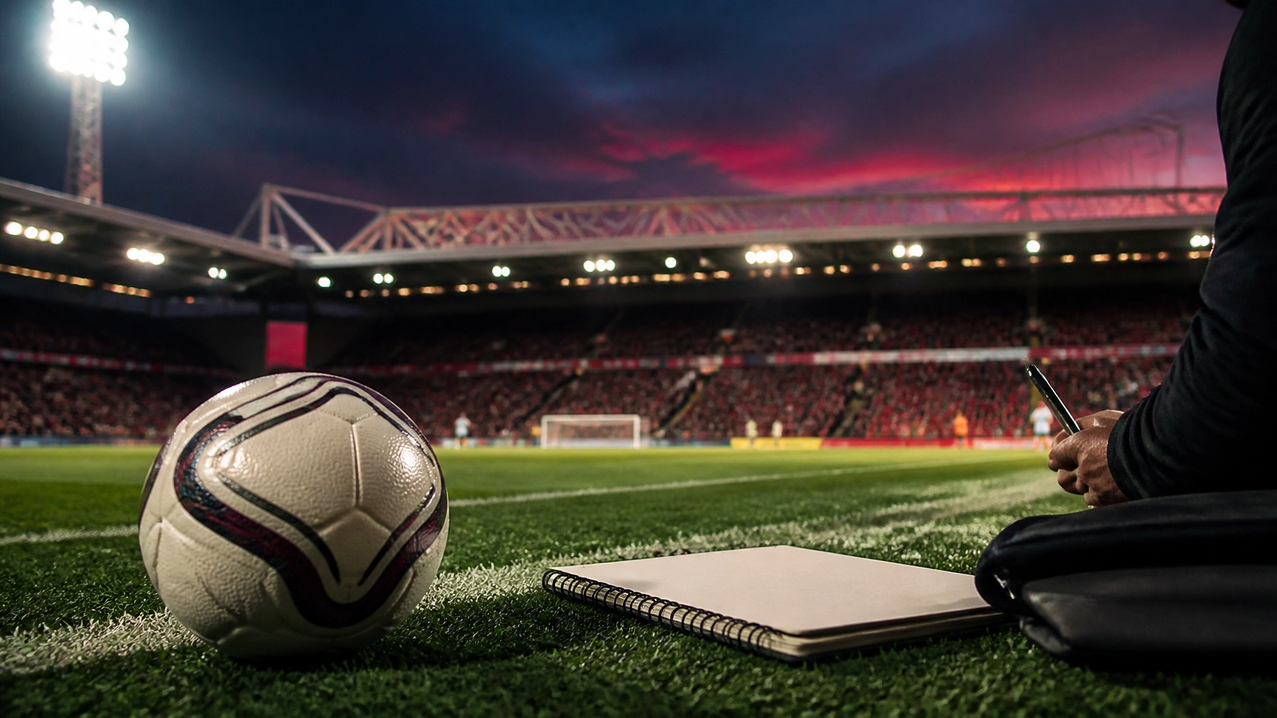 Fußball und neutrales Analyse-Notizbuch vor der Stadionkulisse des City Ground