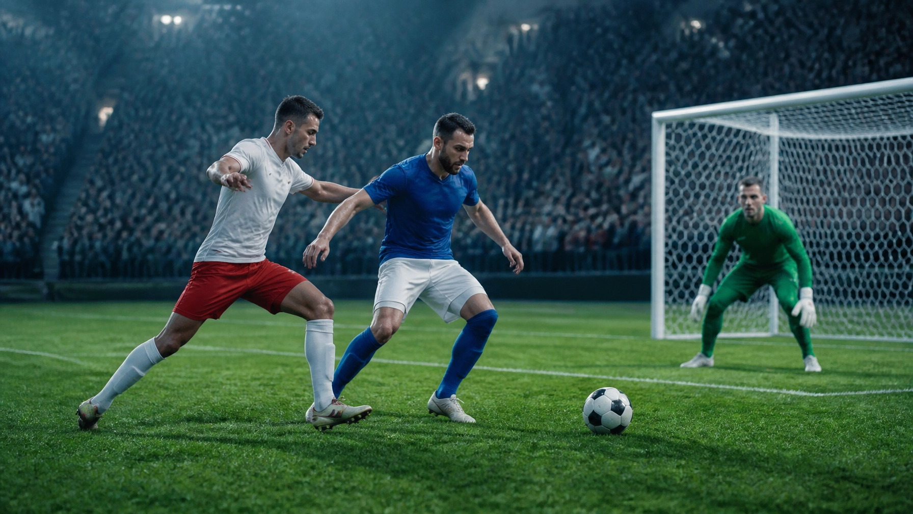 Fußball nahe dem Strafraum unter hellen Stadionflutlichtern