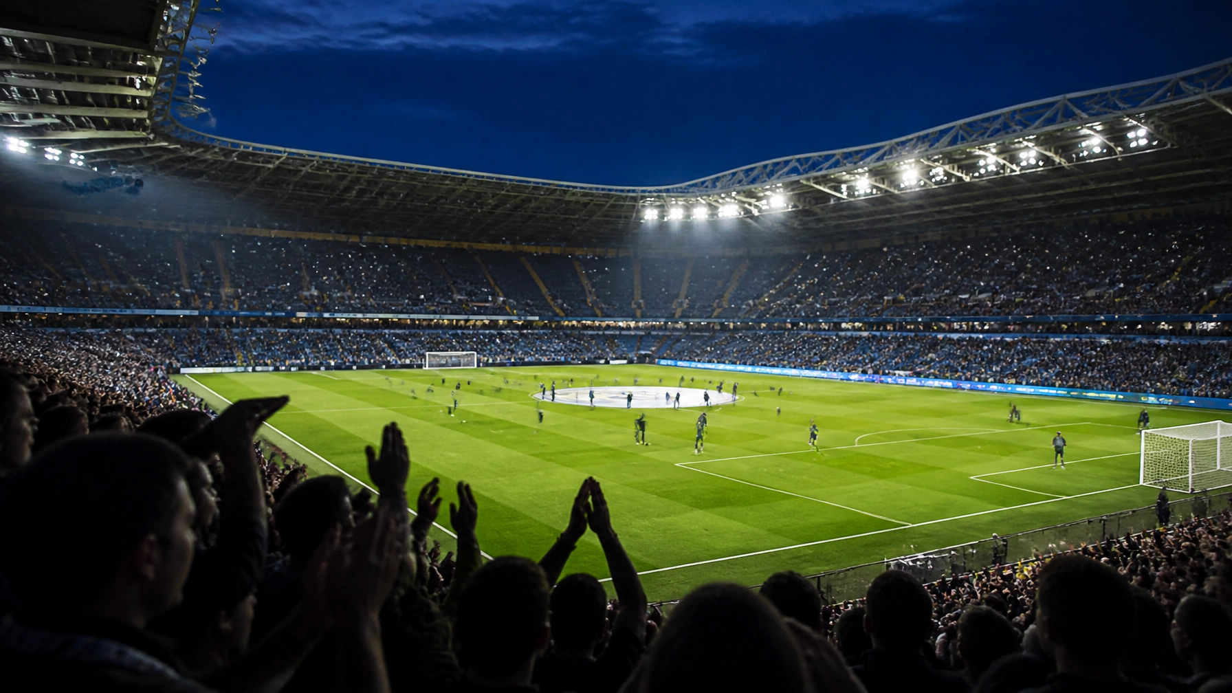 Europäisches Fußballstadion unter Flutlicht als Symbolbild für die Champions-League-Play-offs