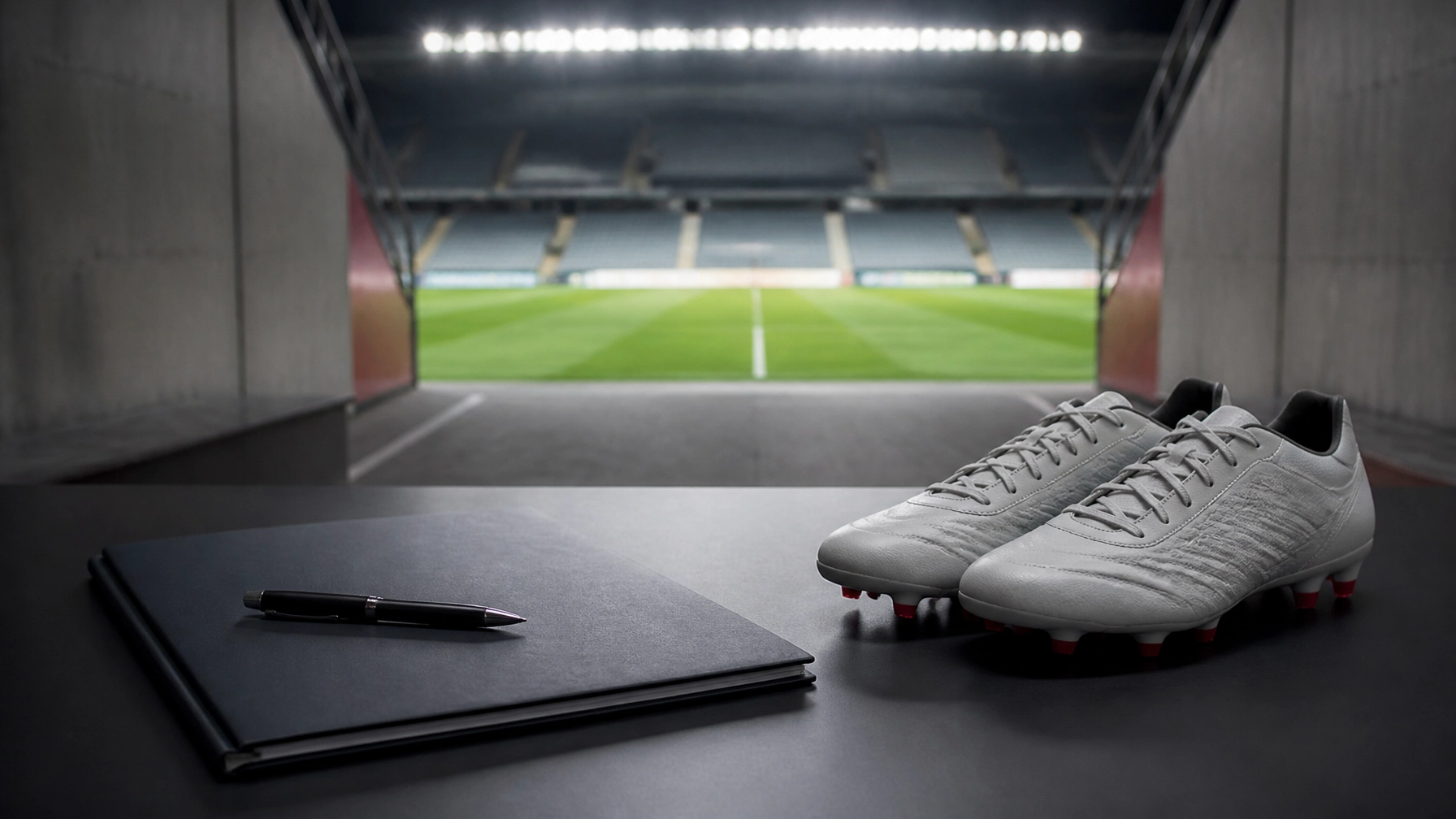 Neutraler Transfermarkt mit Fußballschuhen und Stadionkulisse