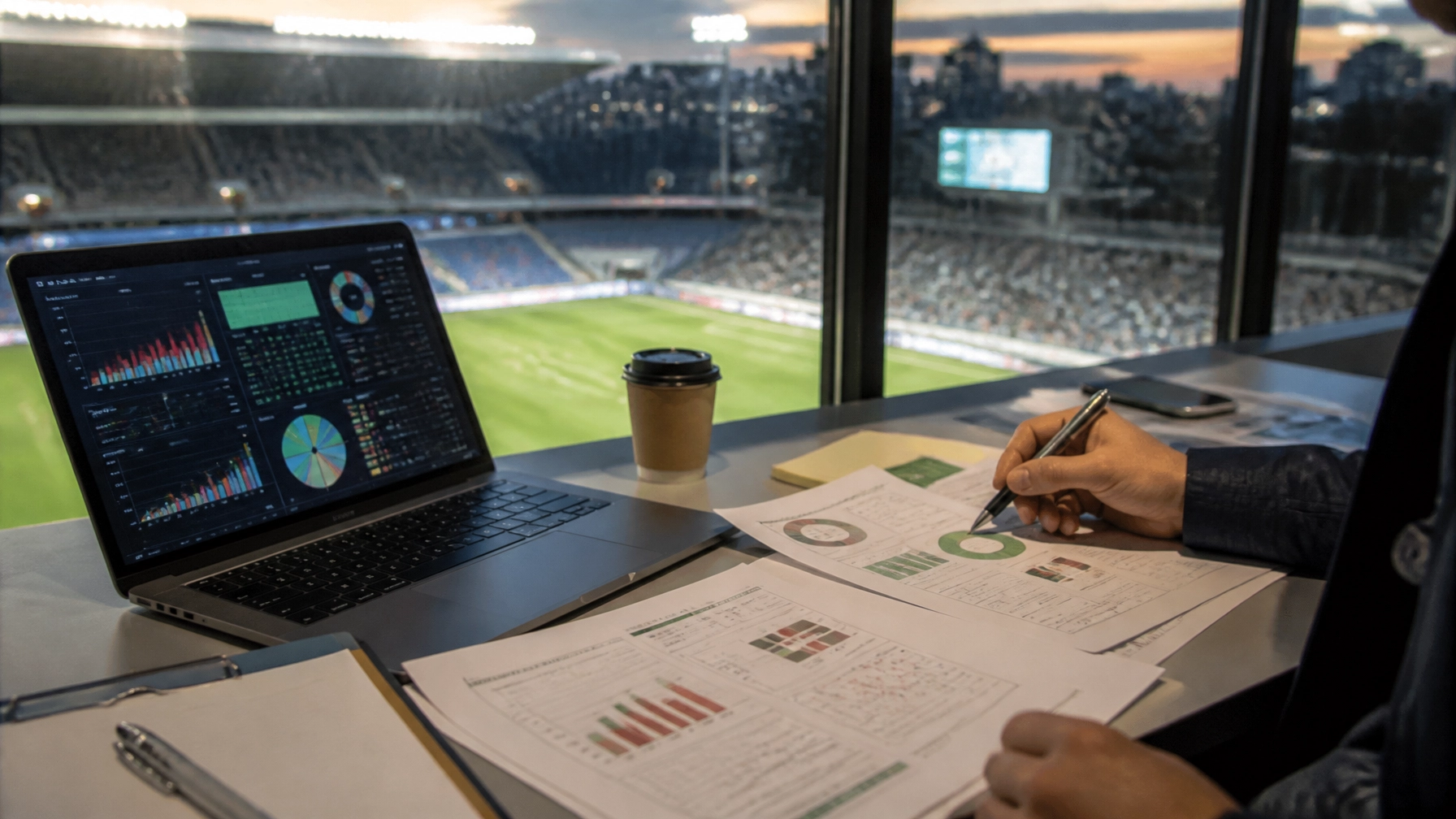 Analytischer Arbeitsplatz mit Fußballstatistiken und Stadionblick