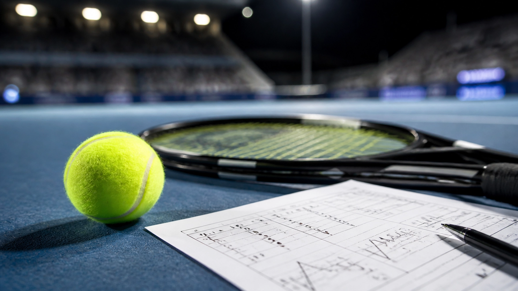 Tennisball und Schläger auf blauem Hartplatz vor dem Viertelfinale