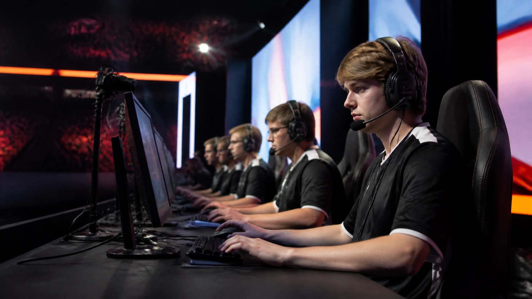 Fotorealistische CS2-Gruppenphase in einer modernen E-Sports-Arena ohne Logos und Text