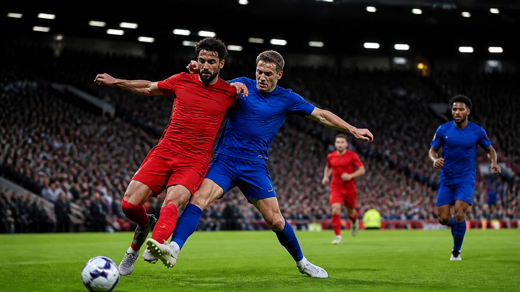 Volles englisches Fußballstadion beim Saisonauftakt unter Flutlicht