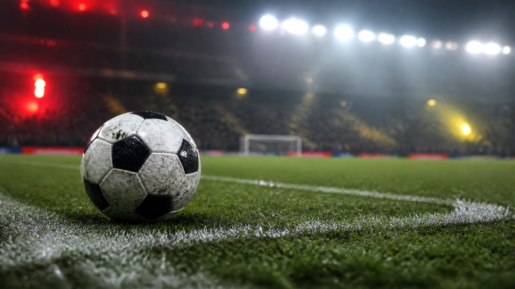 Fußball auf nassem Rasen vor einem unscharfen Stadion unter Flutlicht