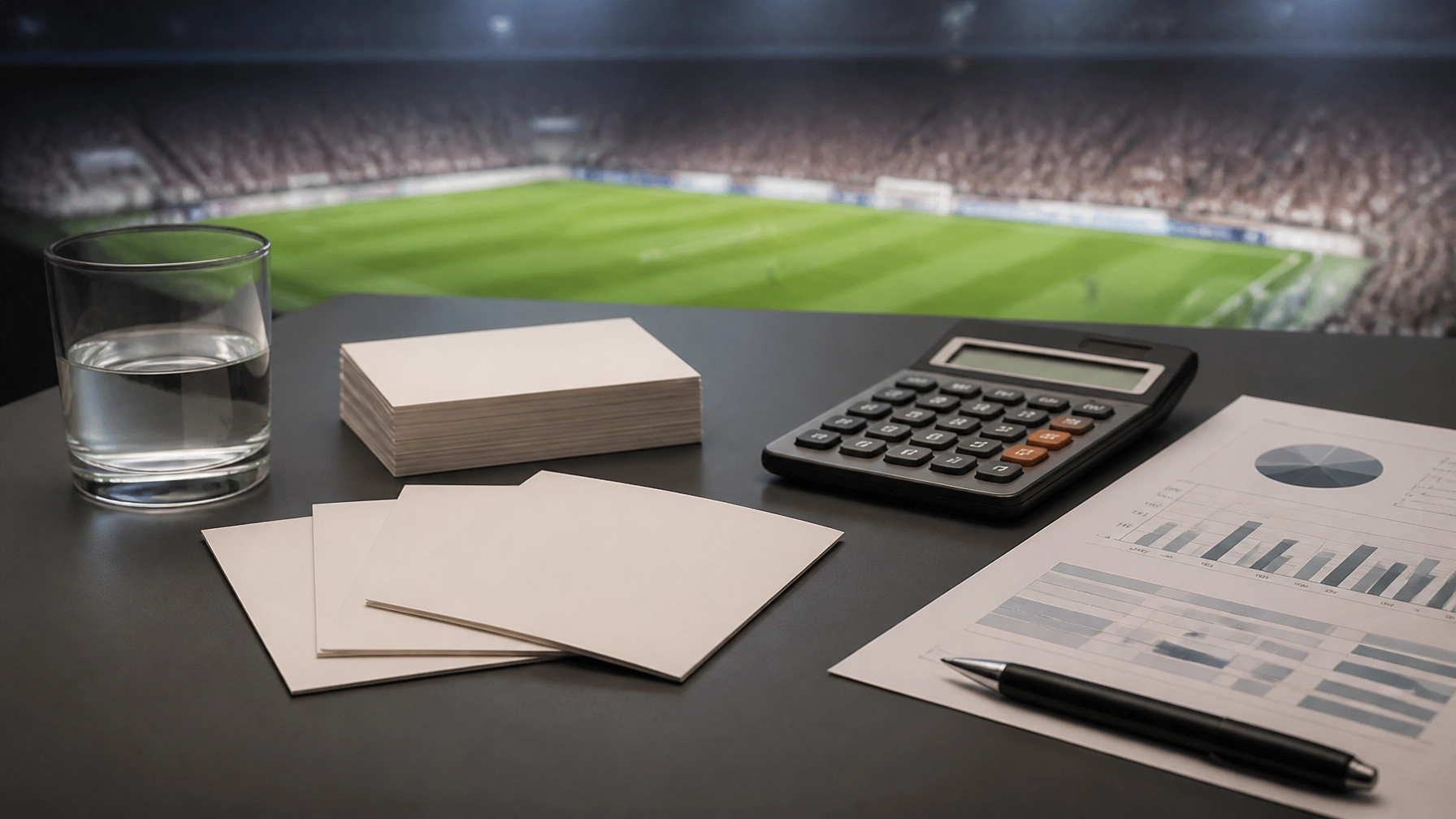 Photorealistische, aufgeräumte Bankroll-Management-Szene mit neutralem Taschenrechner und abstrakter Budgetübersicht