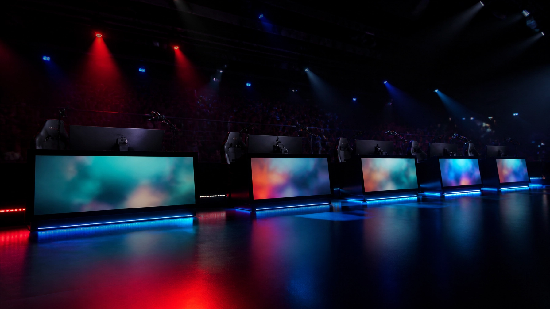 Fotorealistische League-of-Legends-Bühne vor einem Match ohne sichtbare Logos oder Schrift
