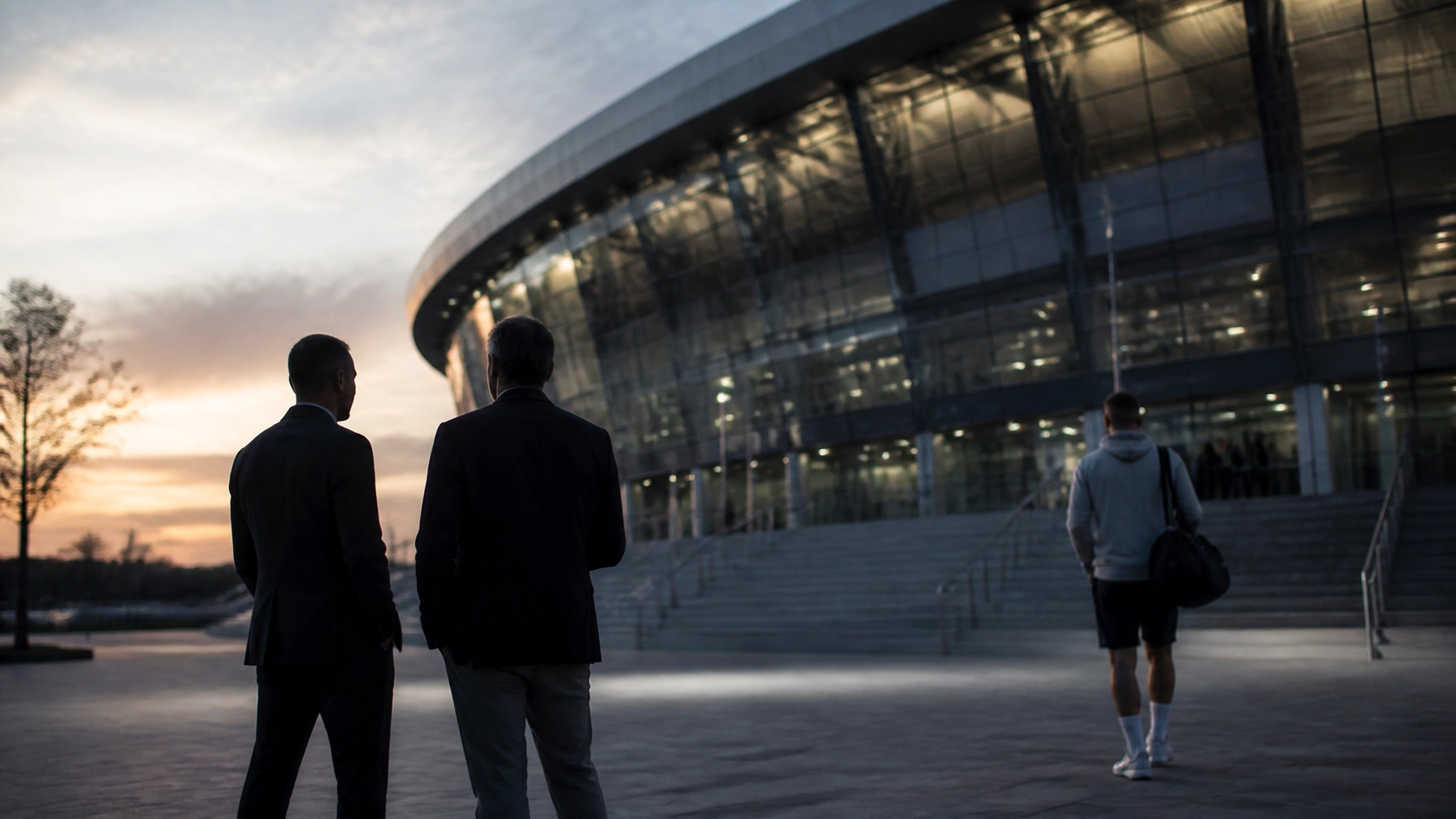 Moderne Stadionkulisse mit Funktionären und jungem Spieler beim Vereinsumbau