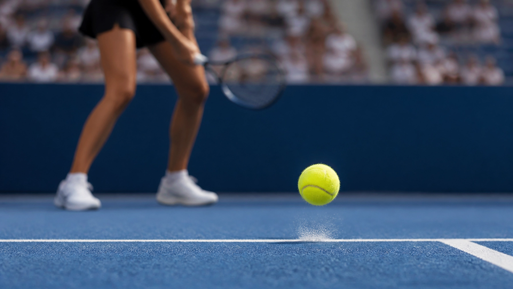 Tennisball auf dem blauen Hartplatz vor einem unscharfen Stadionhintergrund