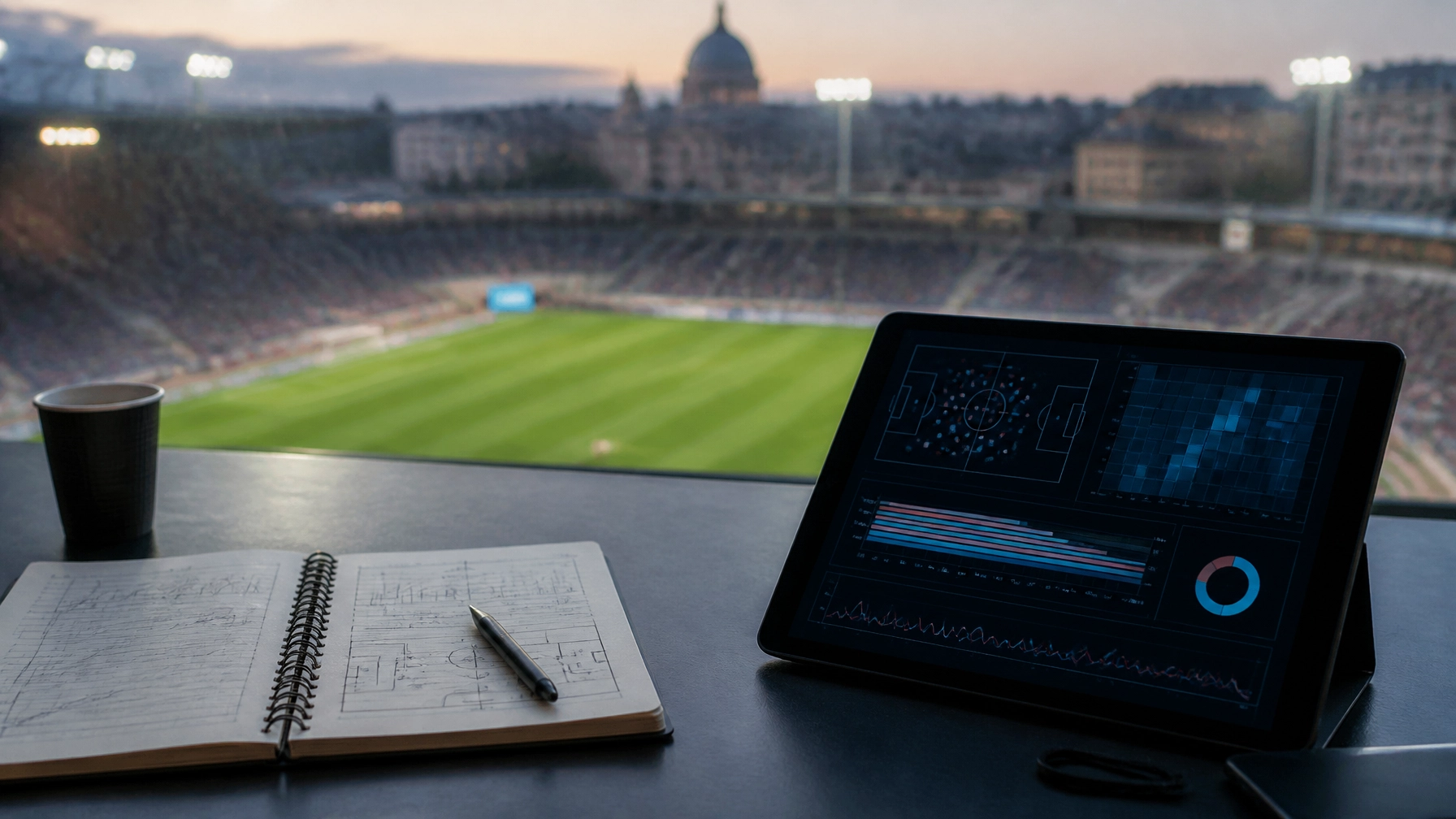 Analystenarbeitsplatz mit abstrakten Fußballdaten vor einem Flutlichtstadion