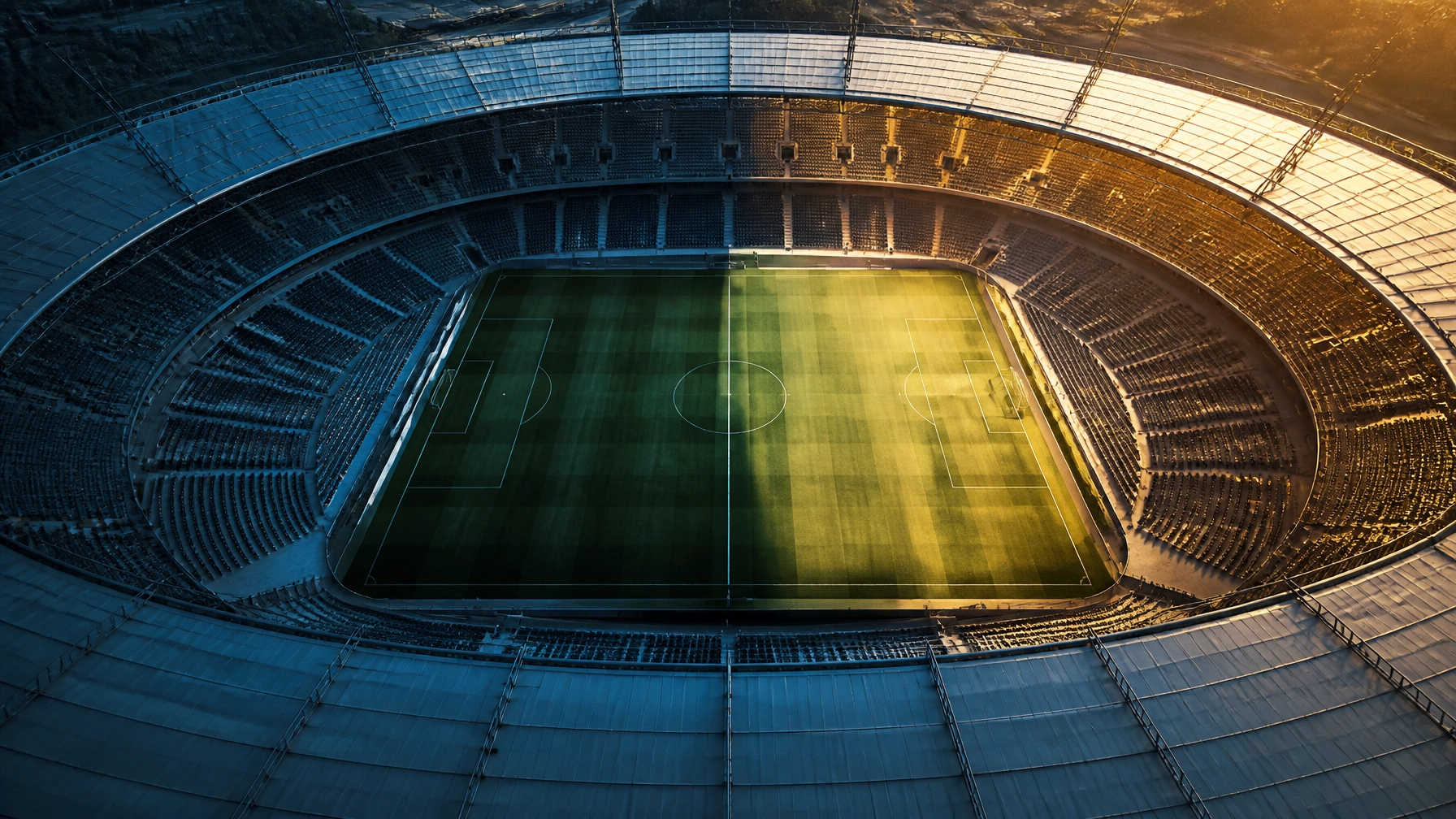 Neutrales Stadion aus der Vogelperspektive als Symbol für Fußballstrukturen und Wettbewerb
