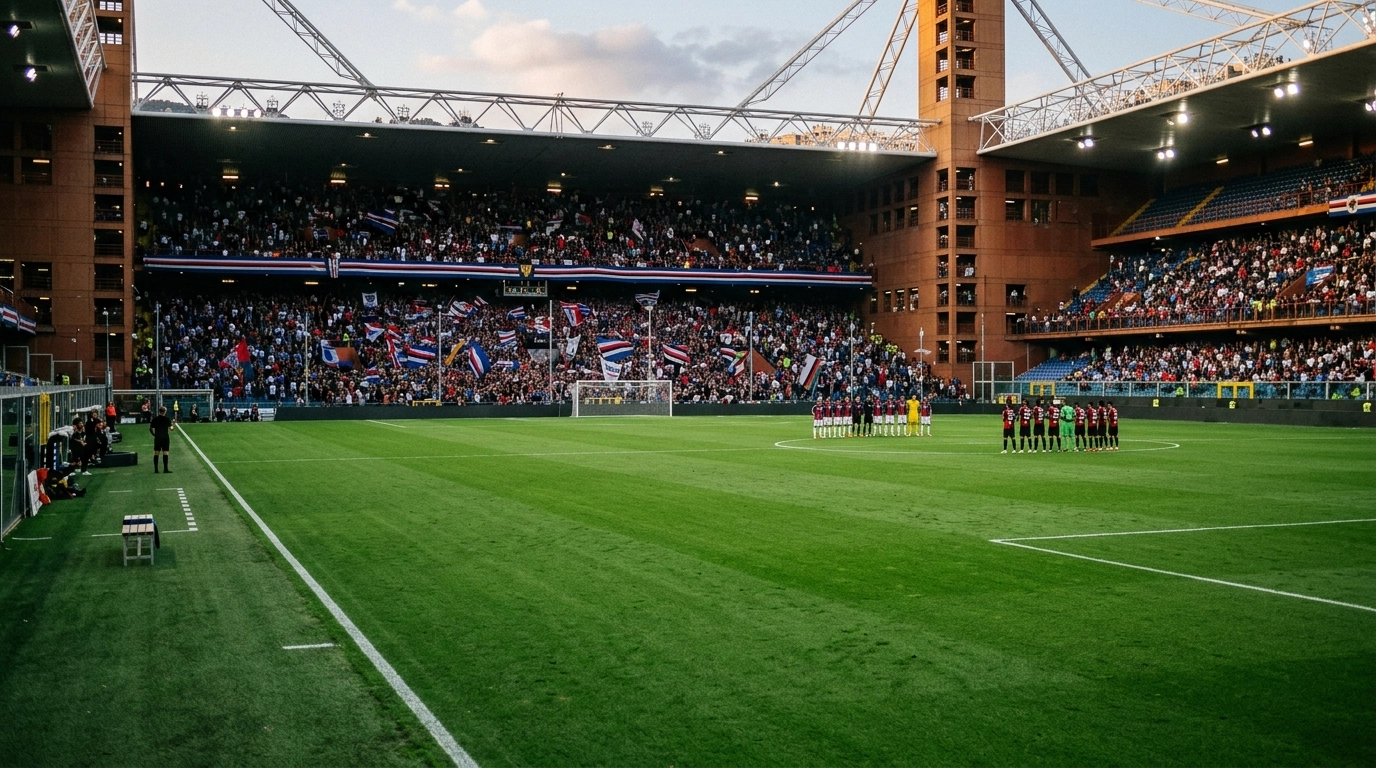 Fußballstadion vor dem Anpfiff mit ruhiger Abendstimmung