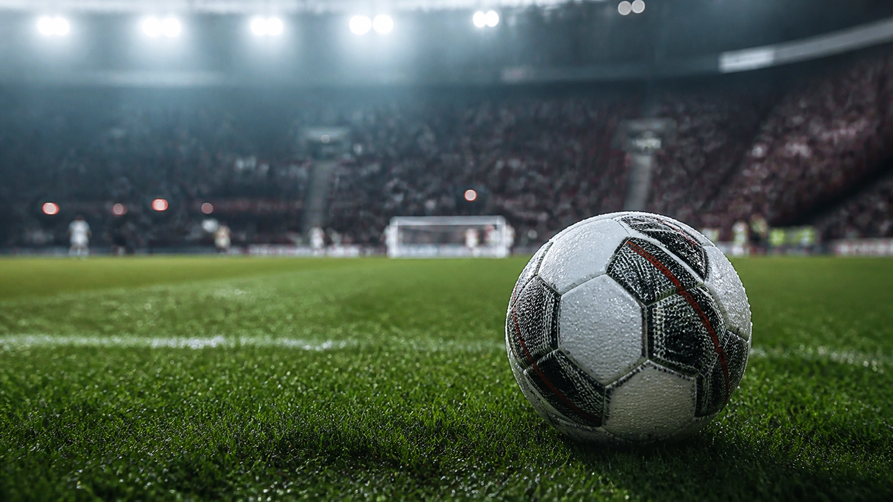 Fußball auf dem Rasen im Flutlicht als Symbol für die Torlinienanalyse