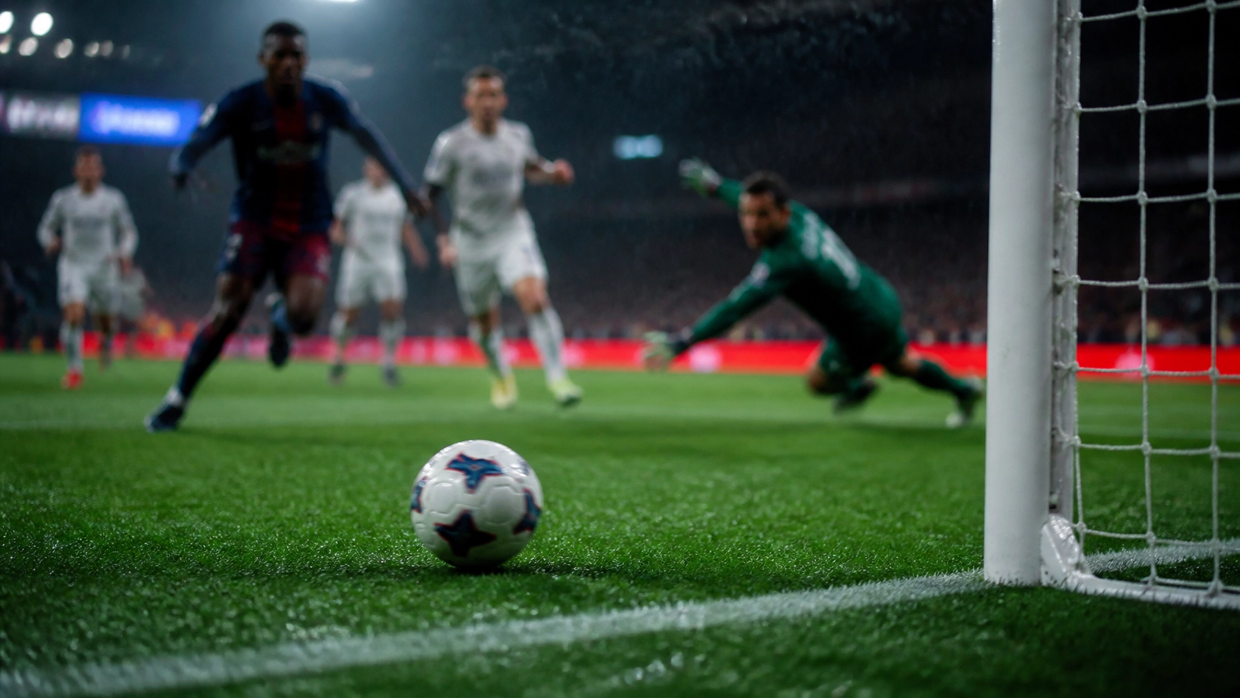 Fußball auf dem Weg in Richtung Tor unter Flutlicht