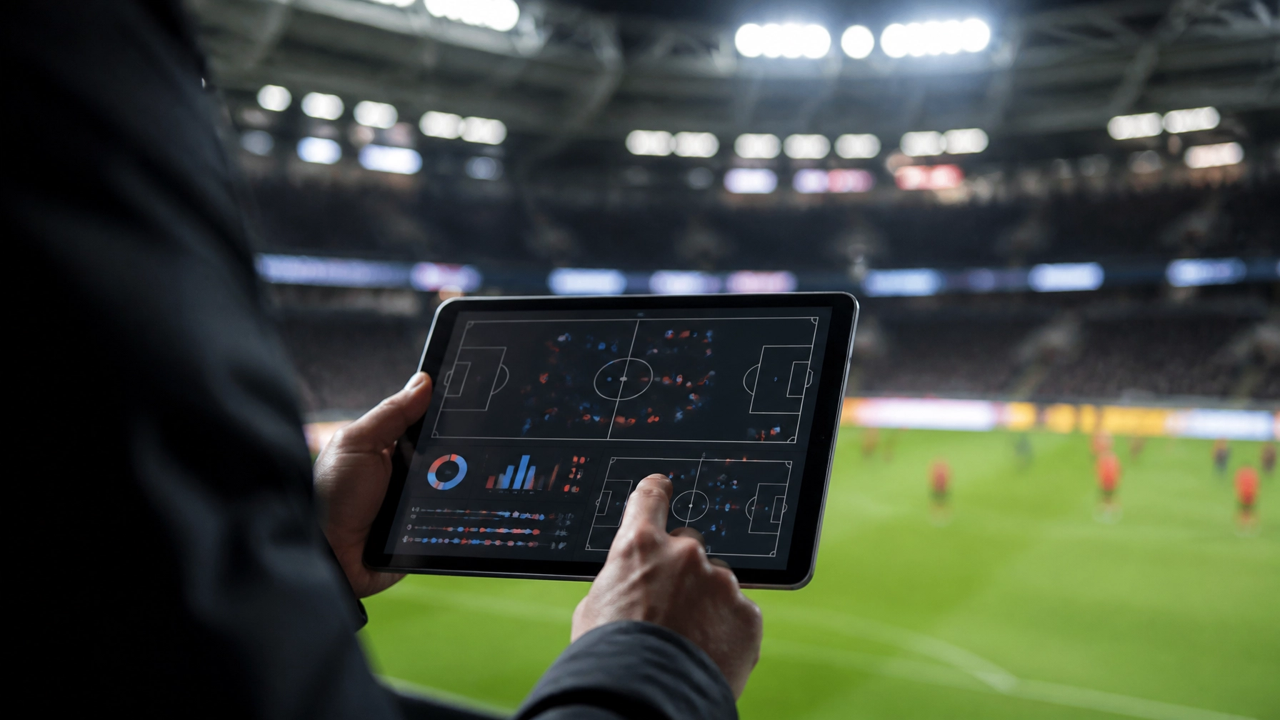 Fußballanalyst mit Tablet und abstrakter taktischer Spielfeldanalyse im Stadionumfeld