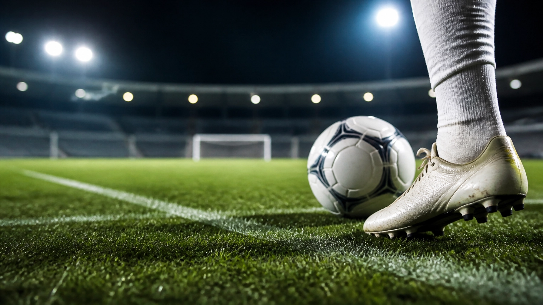 Fußballanalyse mit Ball und Strafraumszene auf dem grünen Rasen