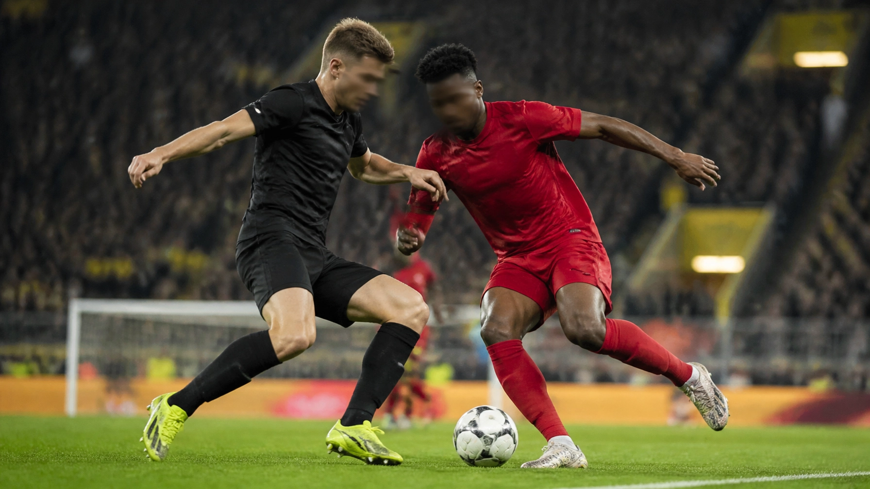 Intensive Zweikampfszene in einem ausverkauften Fußballstadion unter Flutlicht