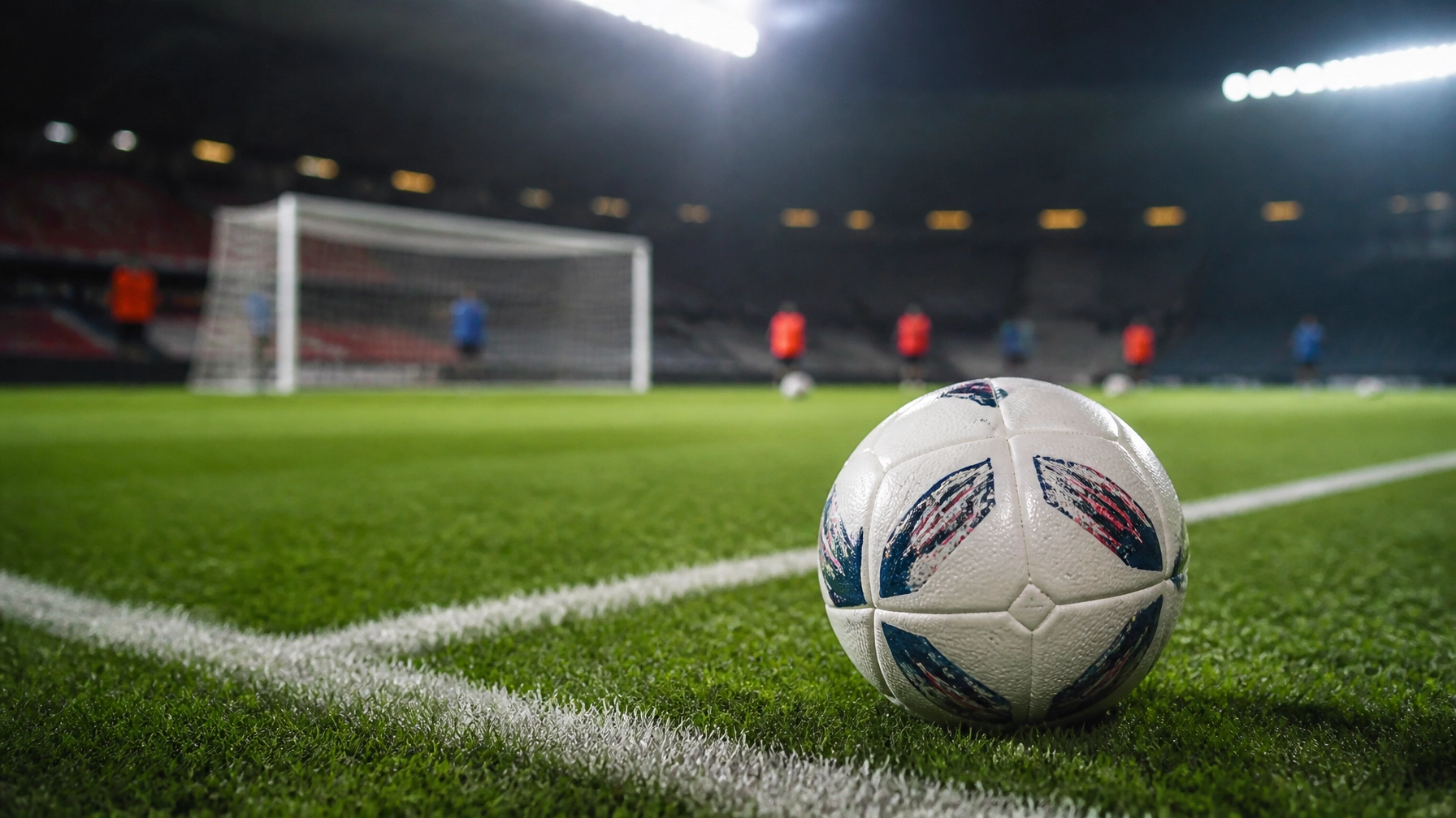 Fußball am Strafraum unter Flutlicht als Symbol für die Toranalyse