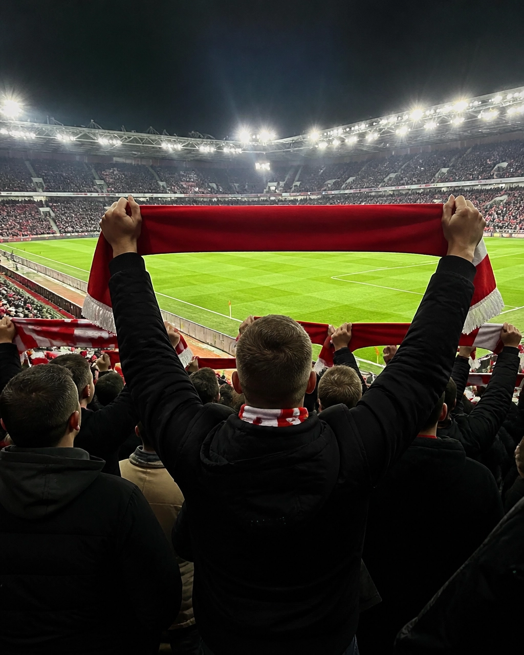 Realistische Stadionatmosphäre unter Flutlicht vor einem Zweitliga-Spiel in Deutschland