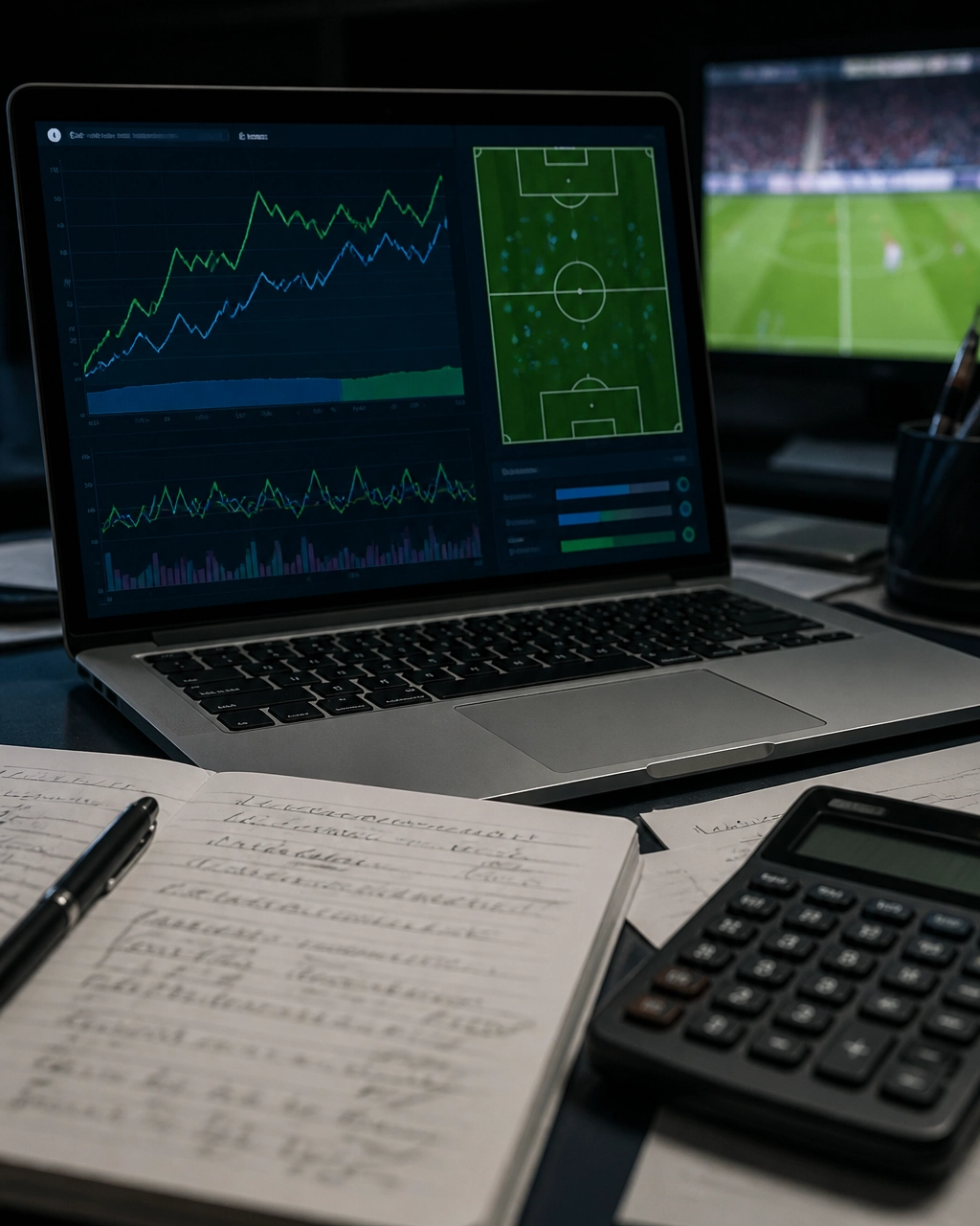 Analystische Fußballrecherche mit abstrakten Wahrscheinlichkeitskurven und Leistungsdaten