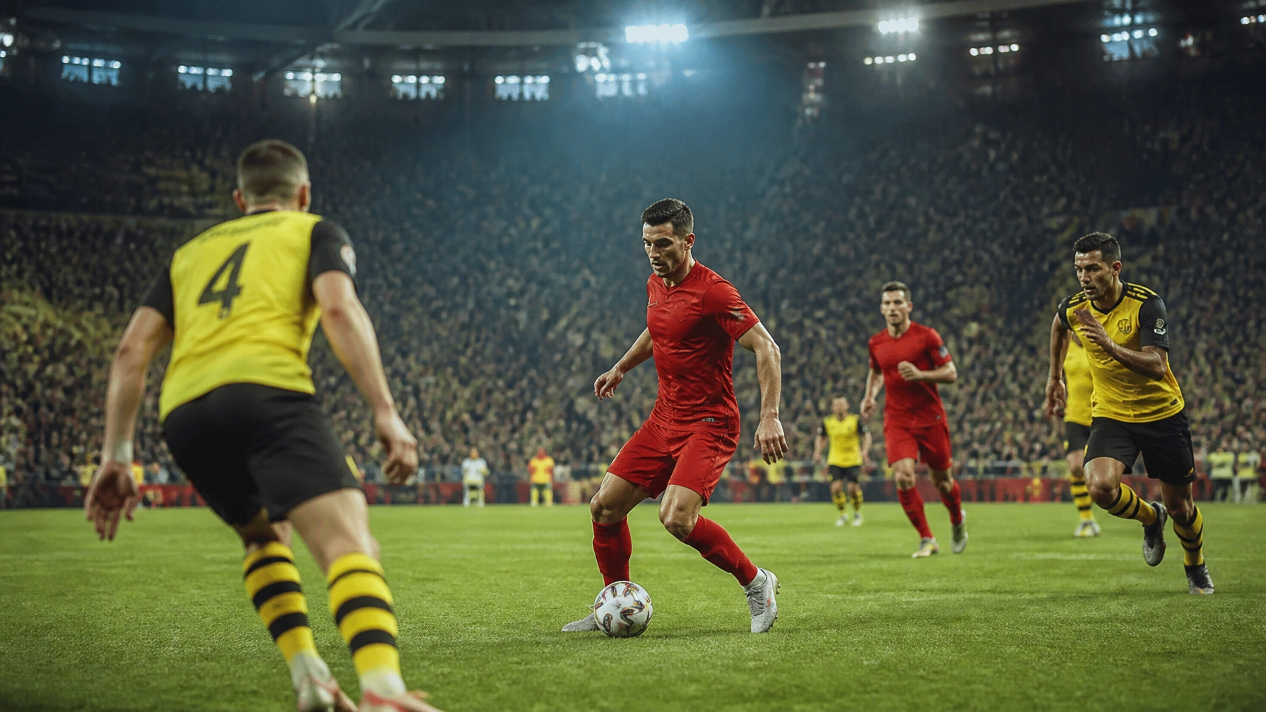 Intensive Supercup-Szene mit einem offensiven Mittelfeldspieler zwischen den Linien