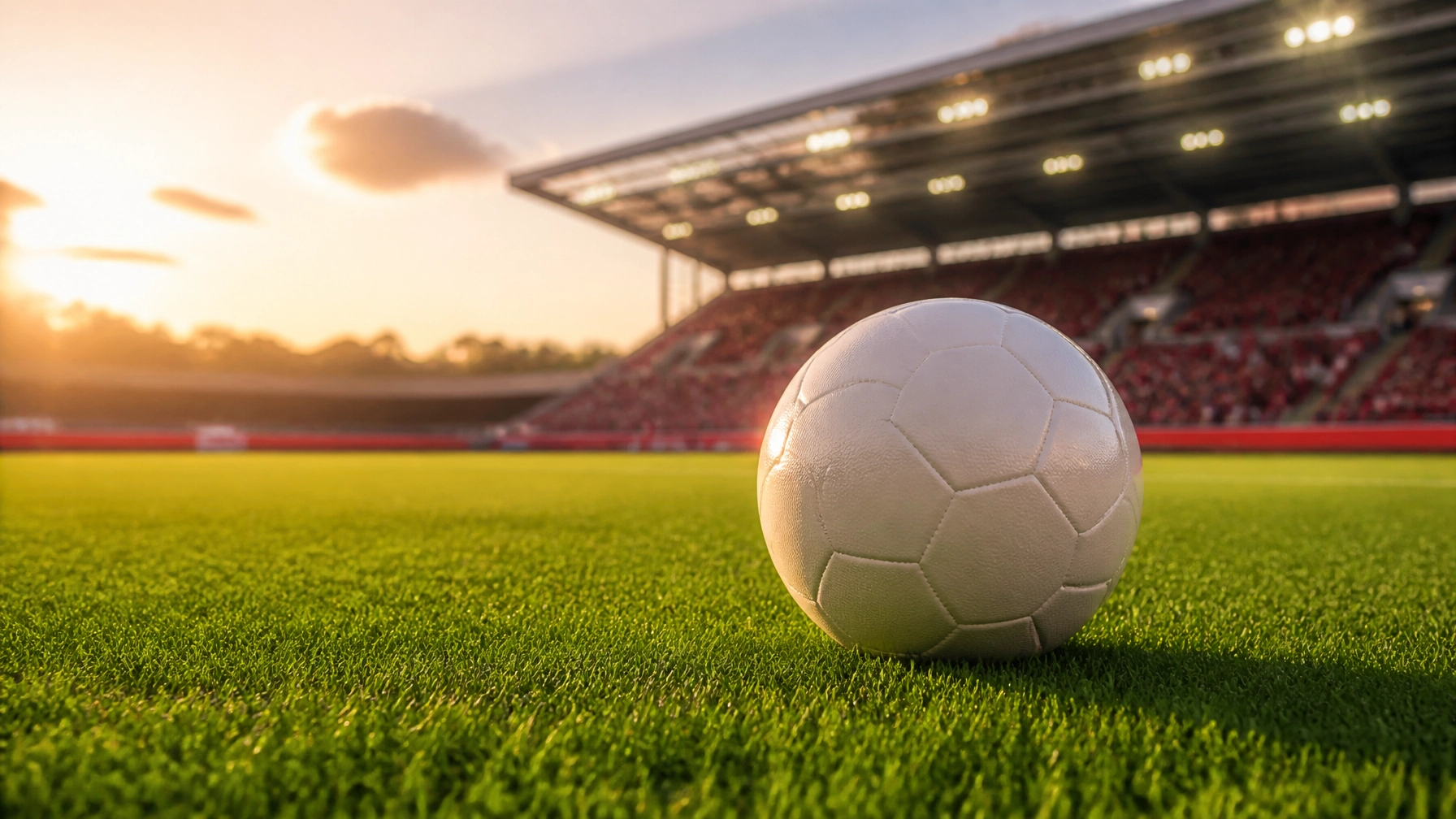Fußball auf dem Rasen vor einer modernen Stadionkulisse