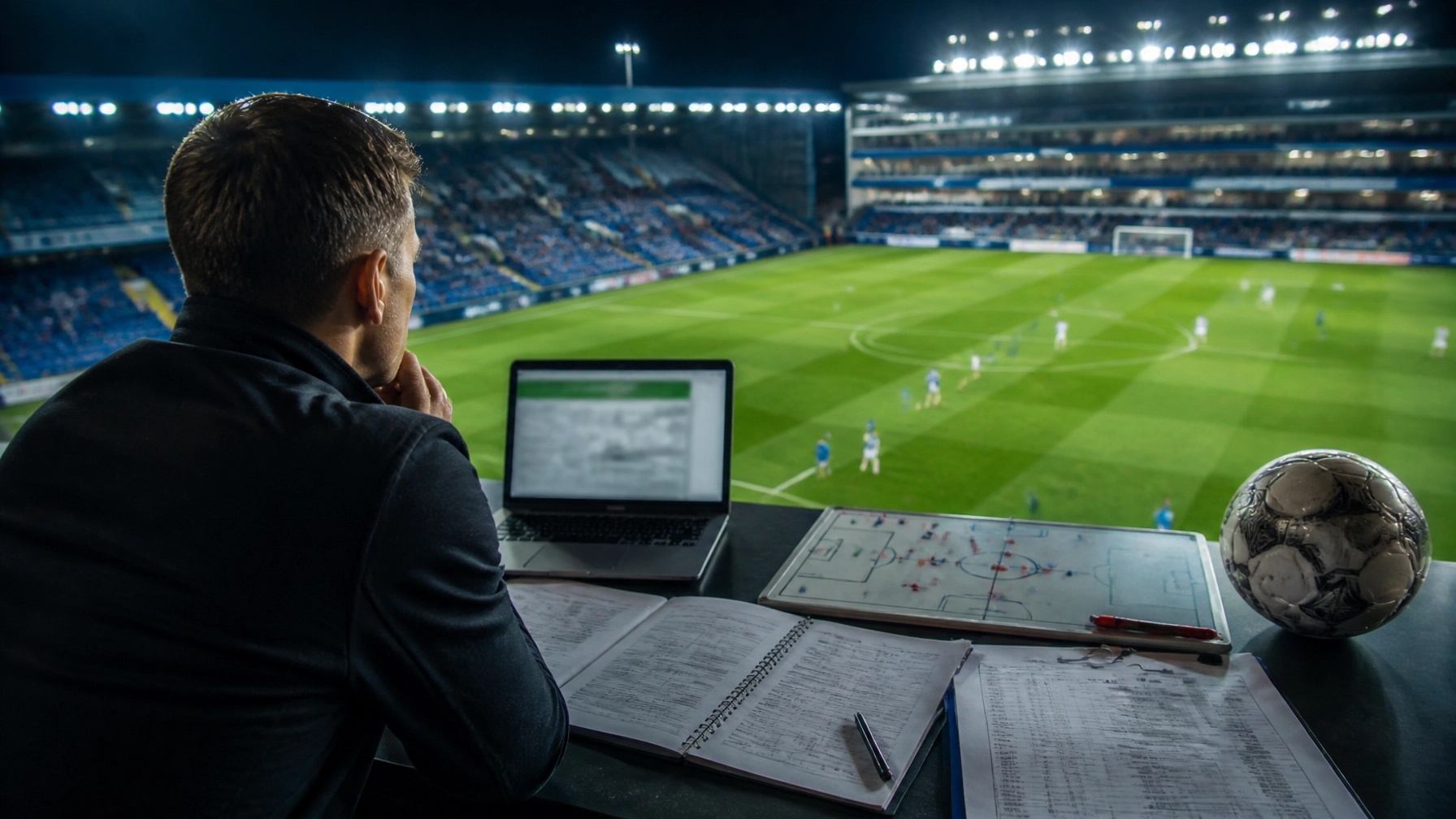 Neutrale Analyse-Szene mit Stadionblick und statistischen Spielunterlagen