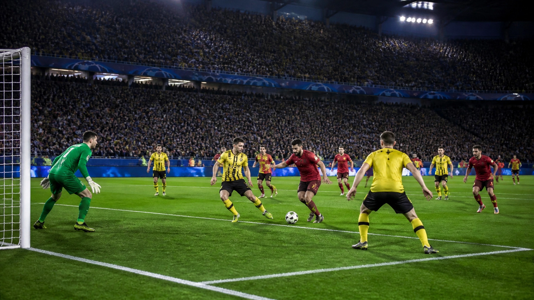 Angriffsszene im Flutlicht vor dem Tor bei einem europäischen Qualifikationsspiel