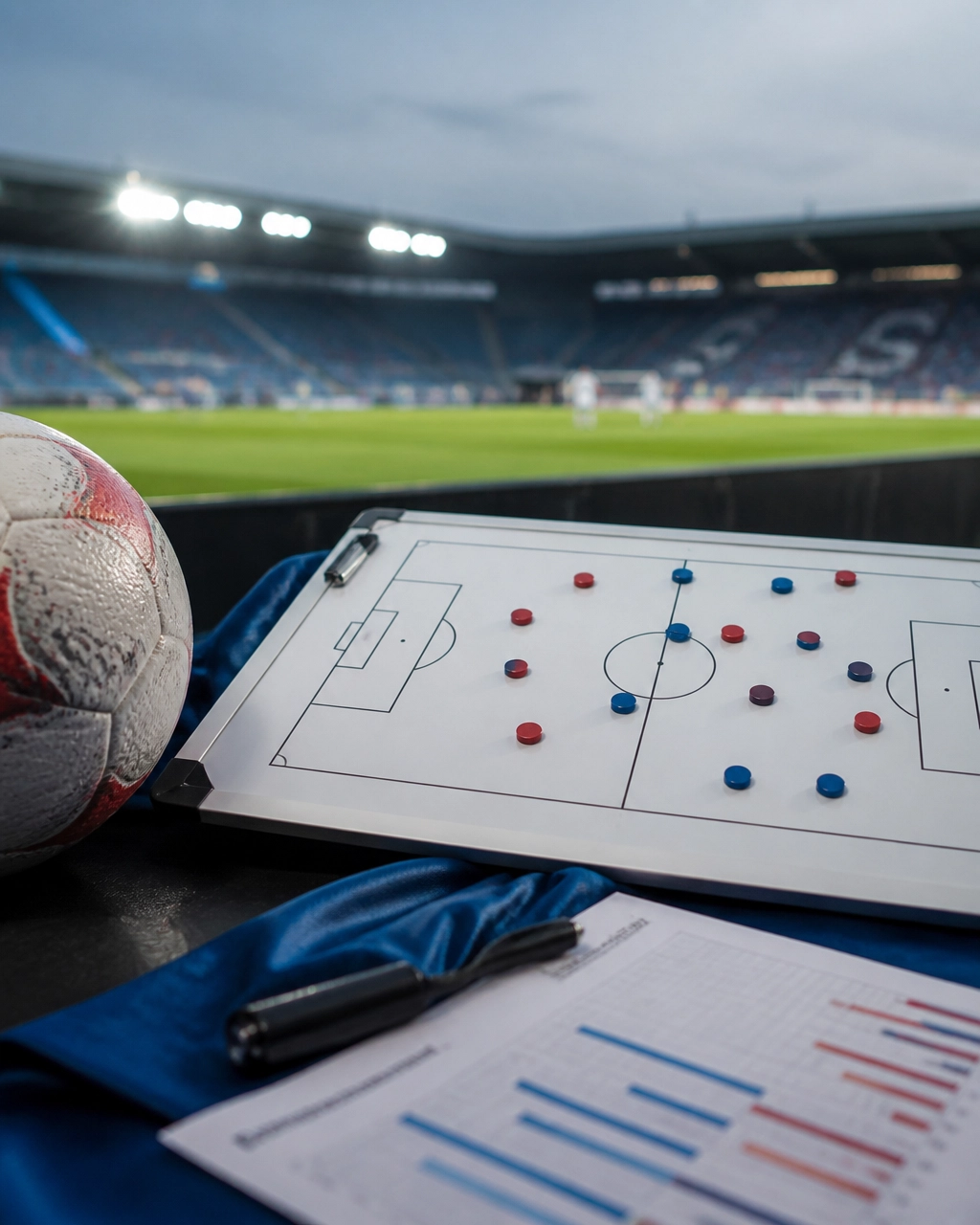 Nahaufnahme eines Fußballs und abstrakter Taktiklinien auf einer Analyseunterlage im Stadionumfeld