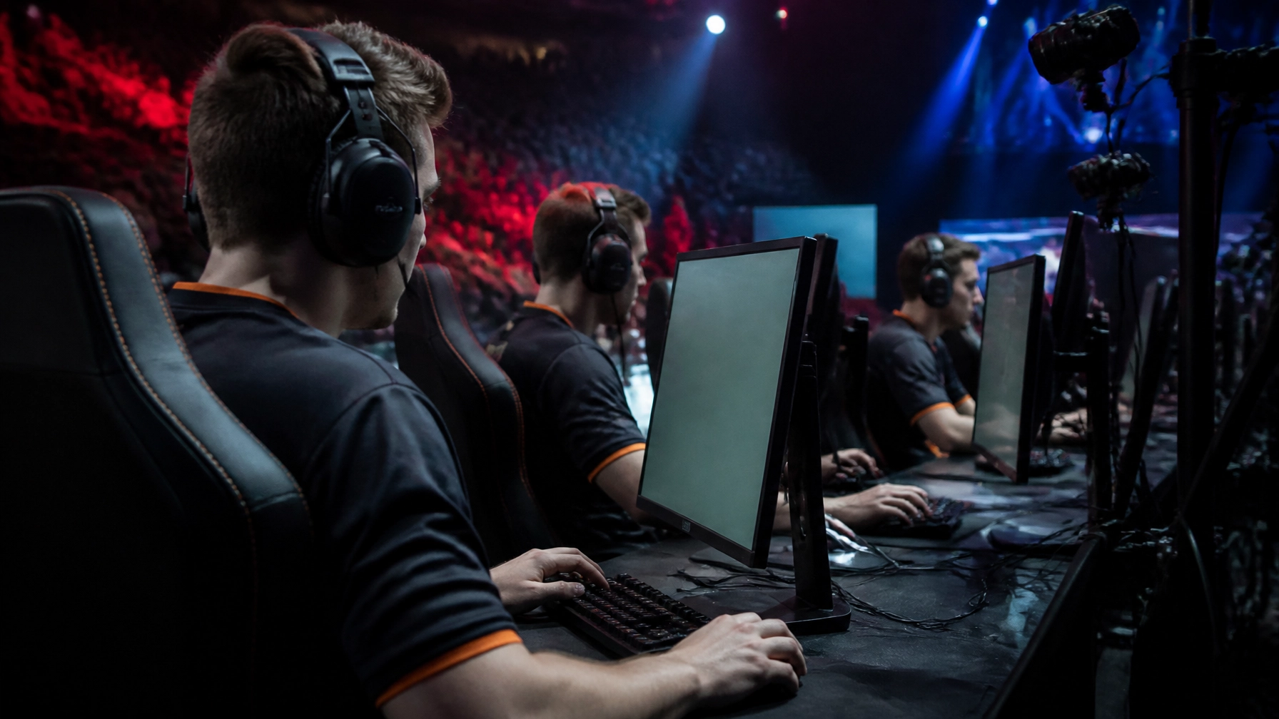 Professionelles Counter-Strike-E-Sports-Team bei einem Turnier auf einer modernen Arena-Bühne