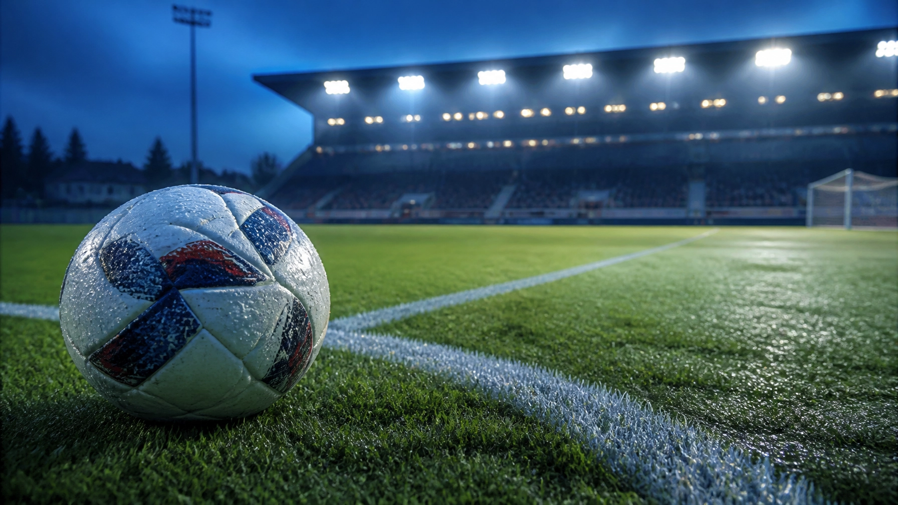 Fußball auf nassem Rasen unter Stadionflutlicht