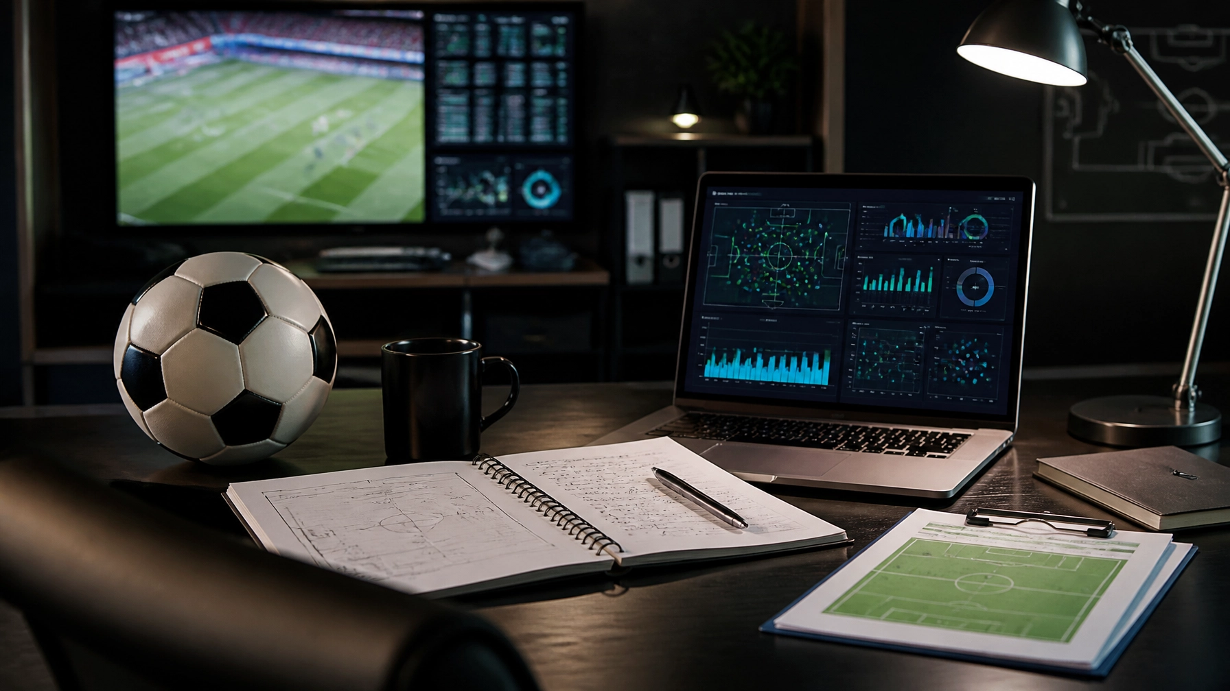 Fußballanalyse am Schreibtisch mit Statistikdaten und Spielgrafik