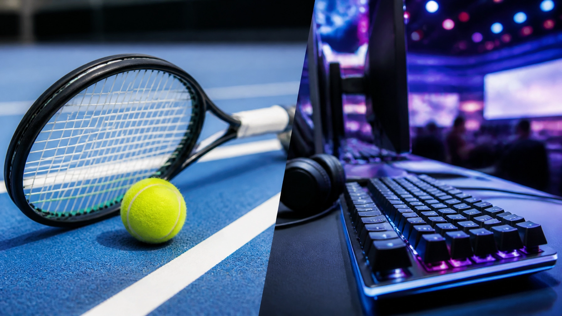 Tennisball und E-Sports-Setup als neutrale Sport-News-Komposition