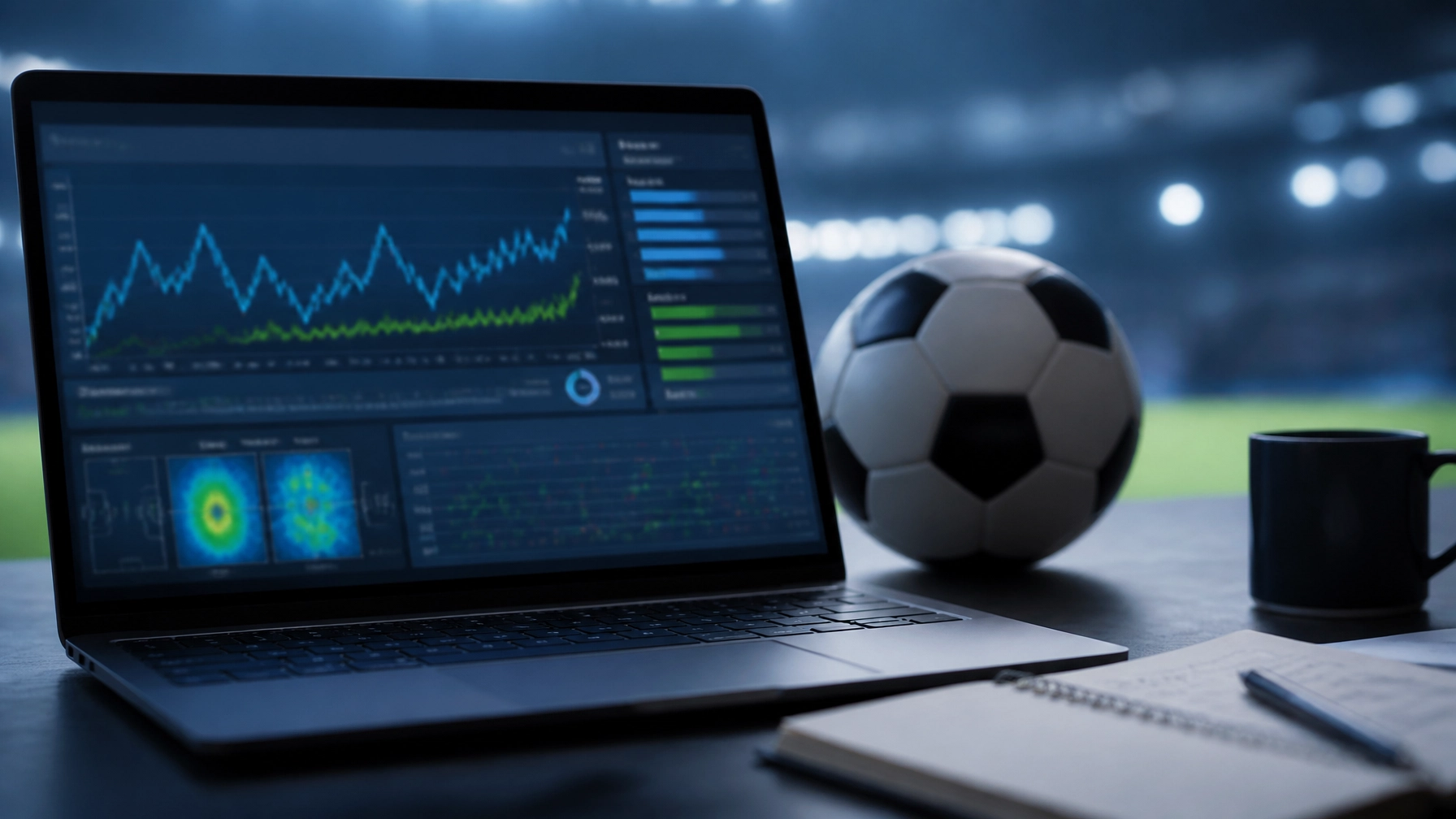 Abstrakte Fußball-Analyse mit Laptop, Statistikgrafiken und Ball